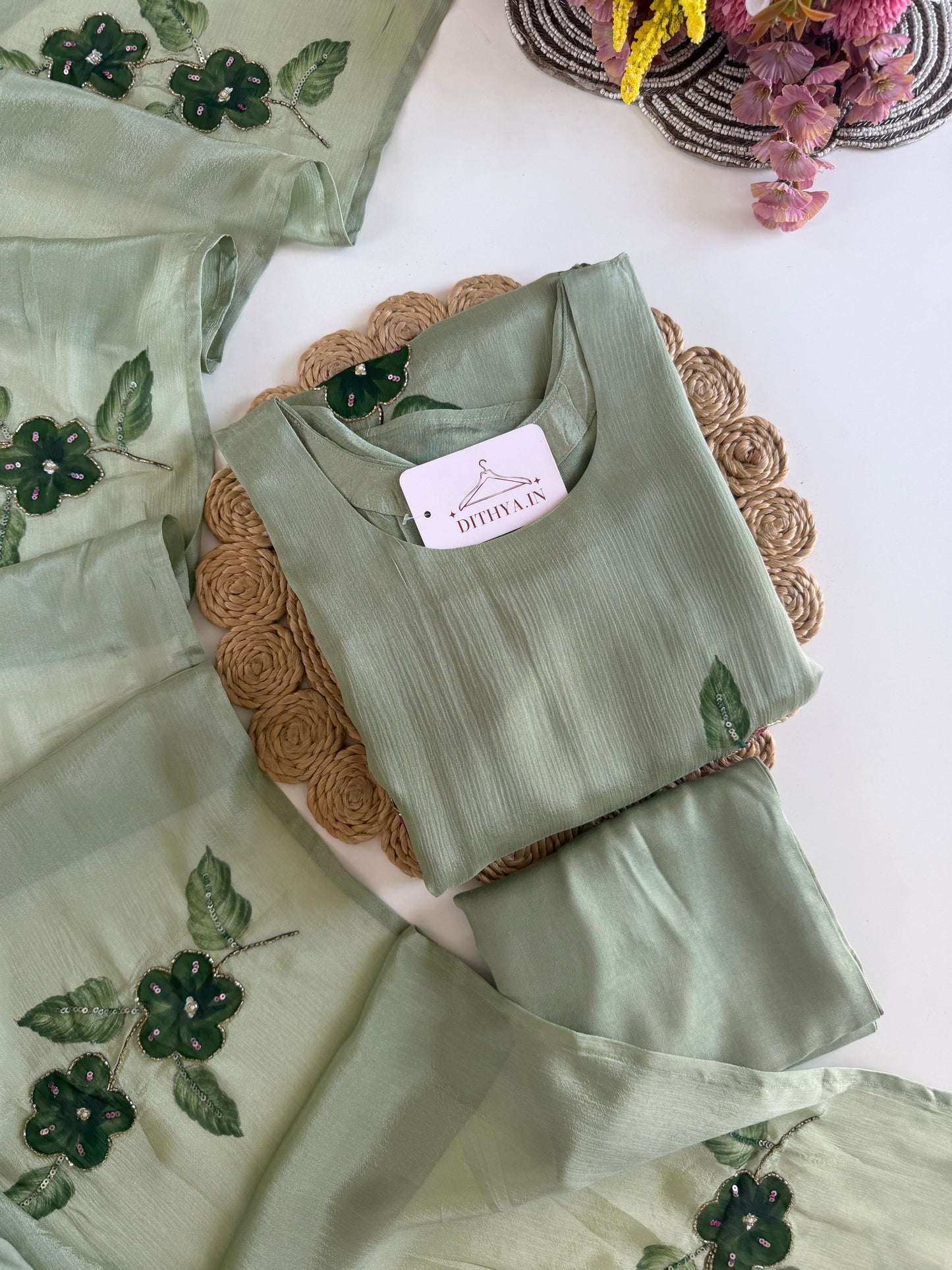 K634 - Pure Chinnon handwork Aline Kurti with pants and dupatta