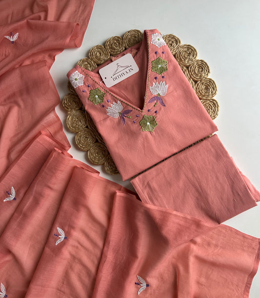 K655 - Mul cotton embroidered straight Kurti with pants and dupatta