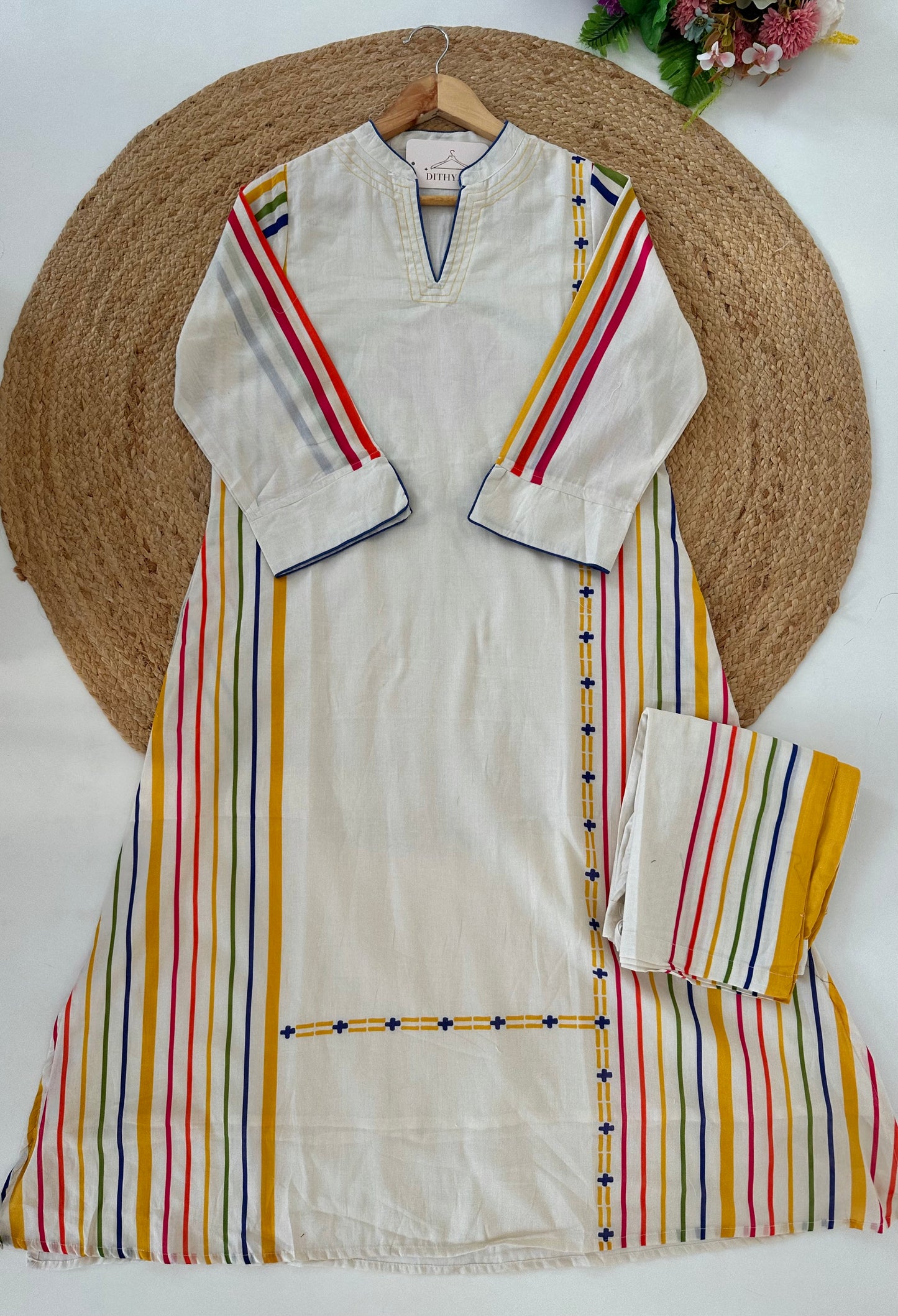 K689 - Mul cotton embroidered Aline Kurti with pants