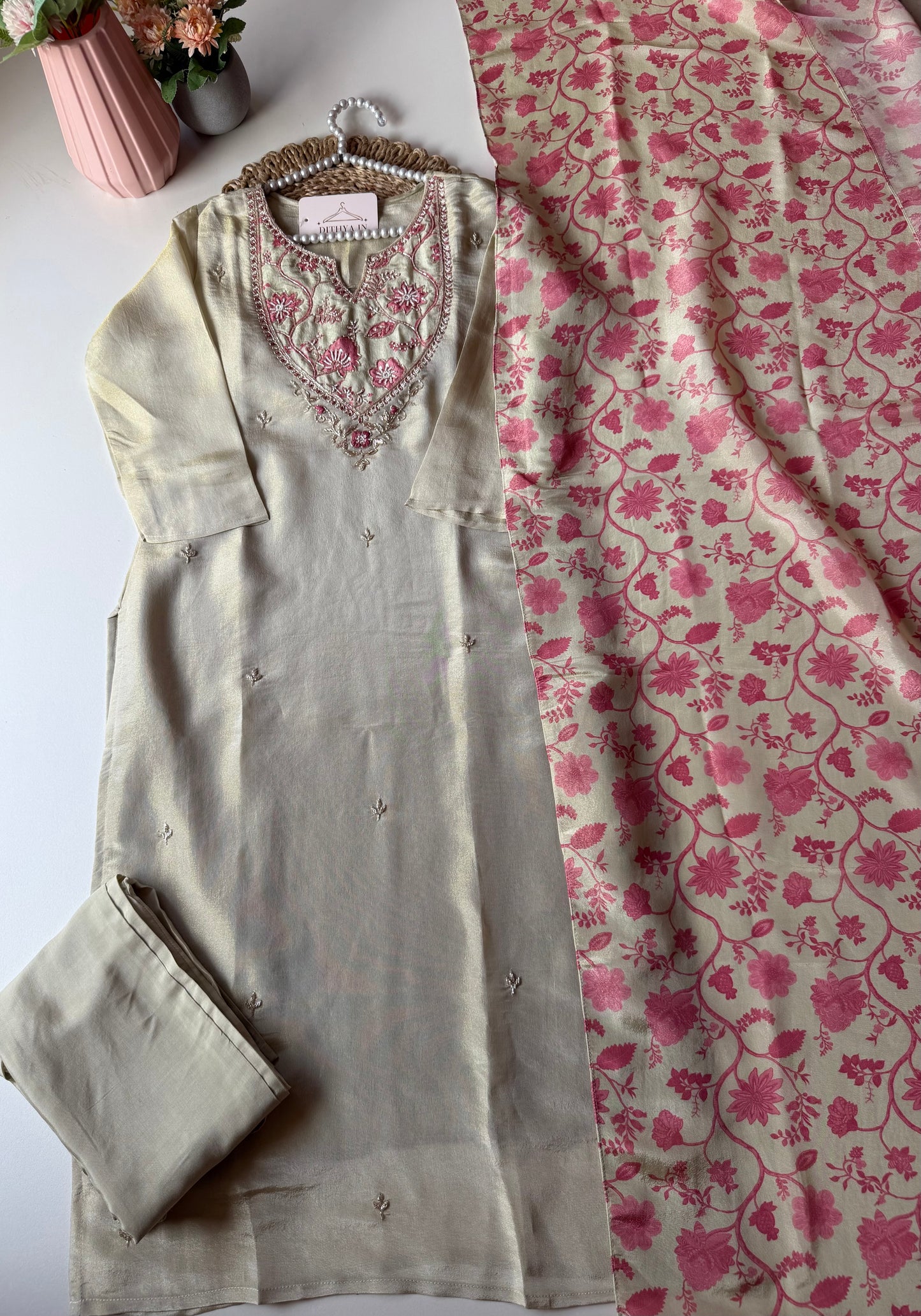 K590 - Tissue silk straight Kurti with pants and dupatta