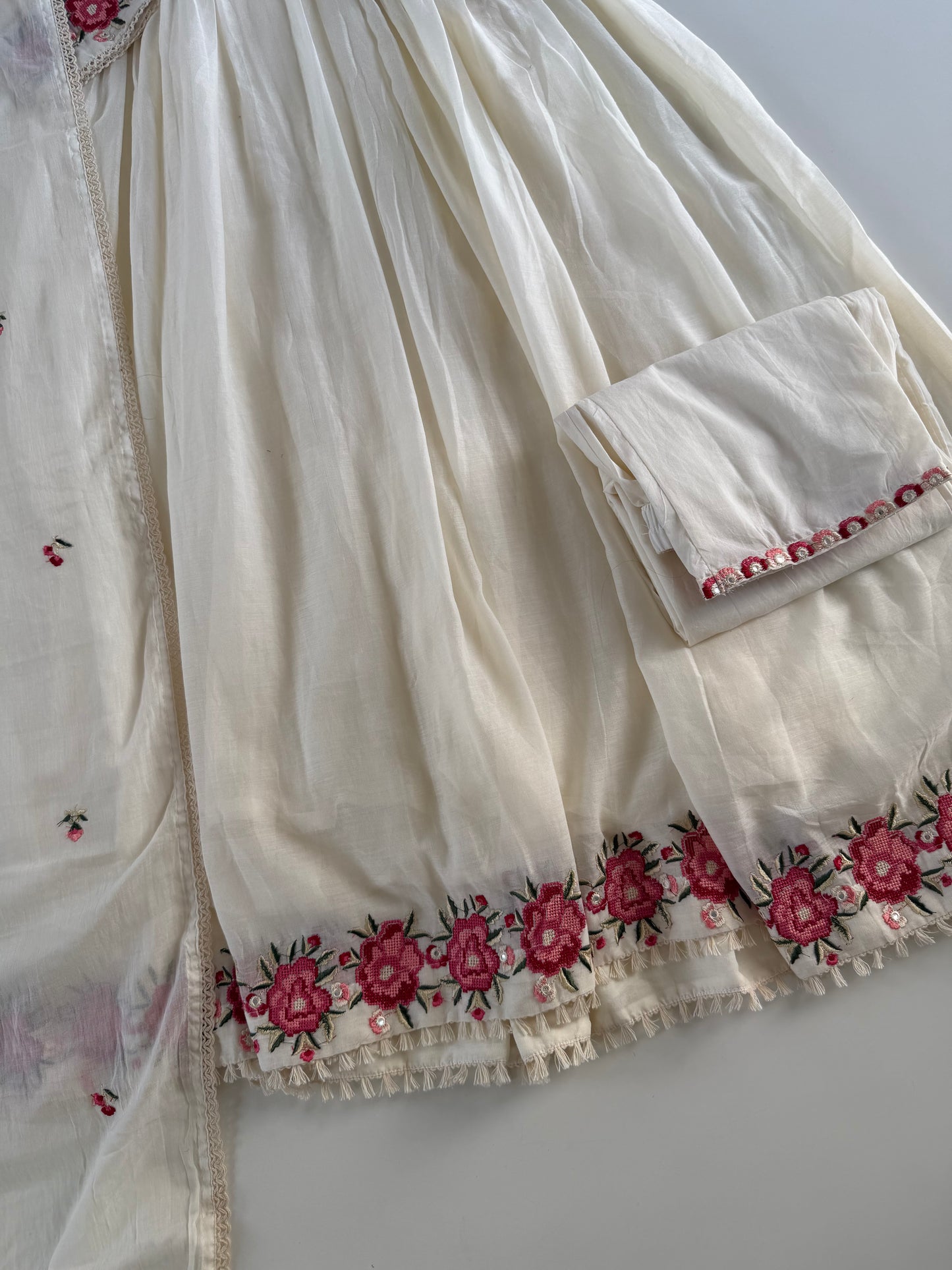 K476 - Mul Mul cotton embroidered Anarkali with pants and dupatta in 2 colours
