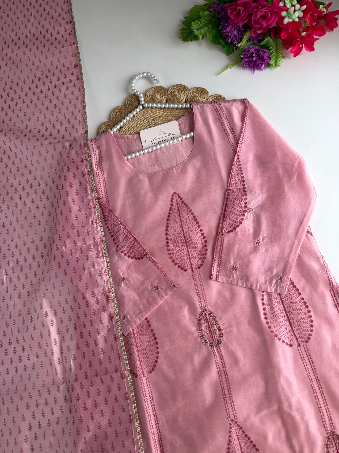 K337 - Chanderi silk block print straight Kurti with pants and dupatta