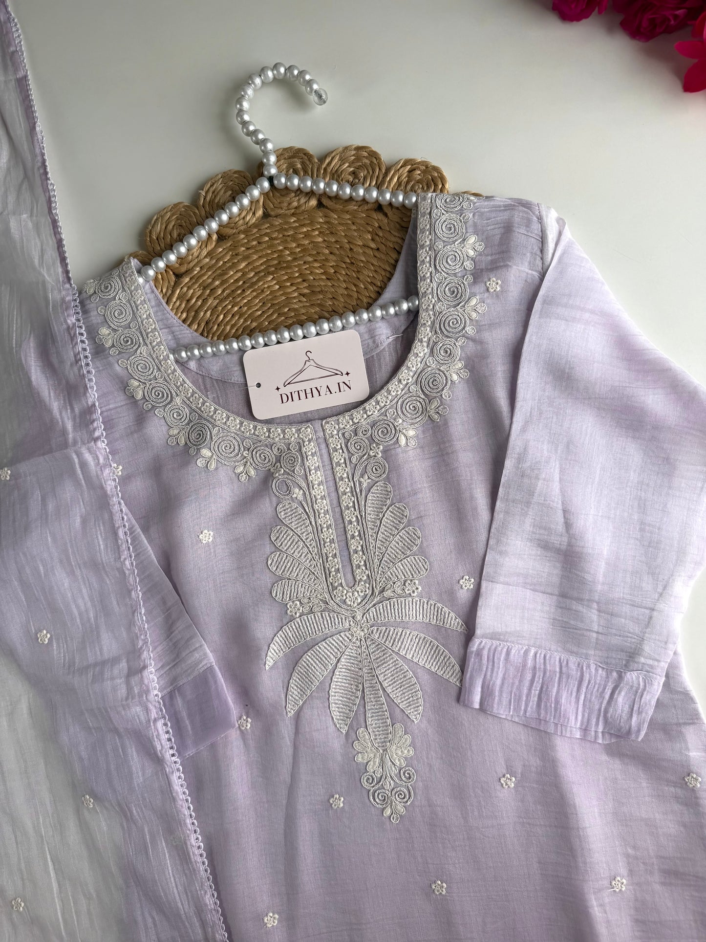 K419 - Mul chanderi embroidered straight Kurti with pants and dupatta