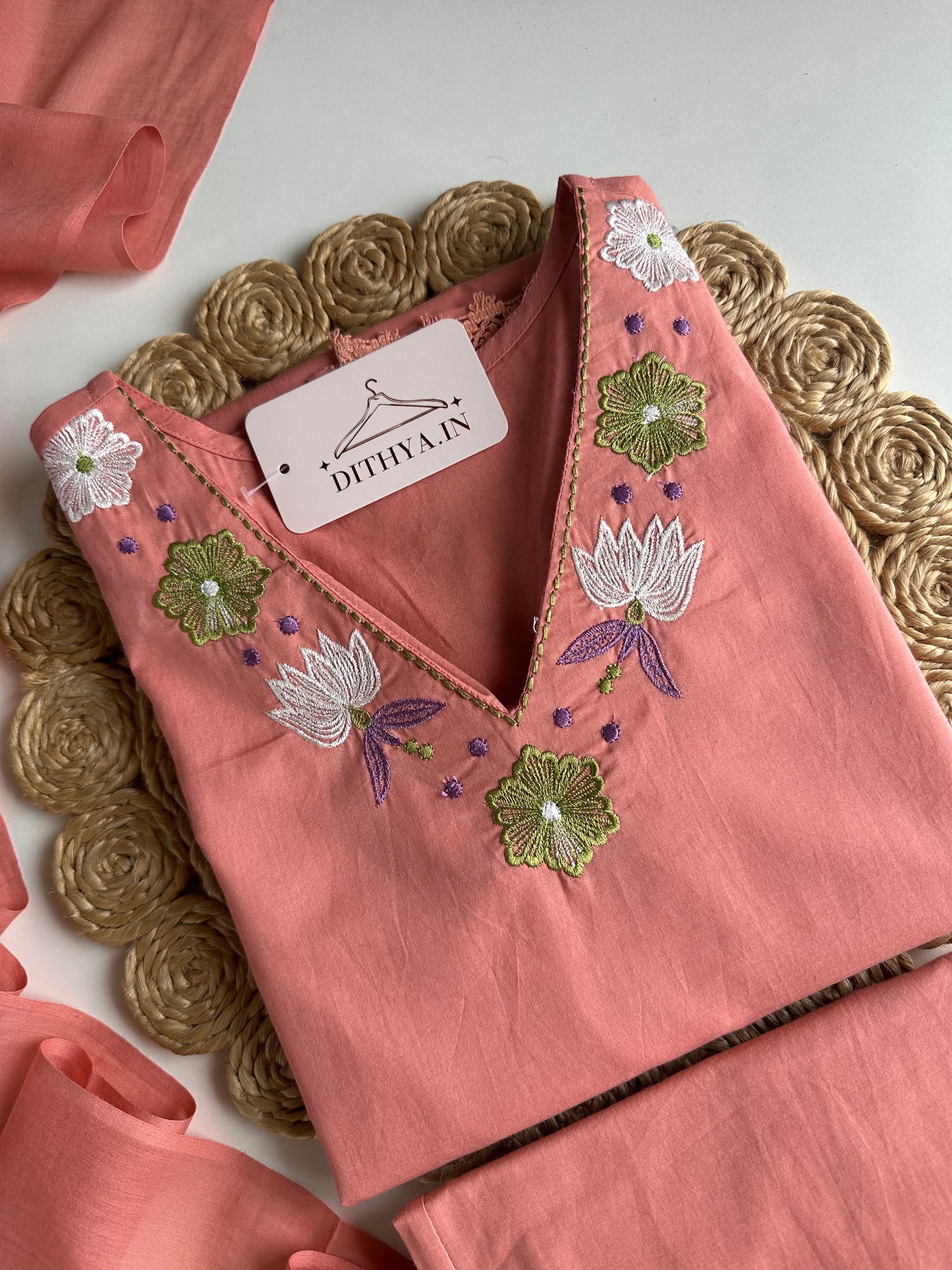 K655 - Mul cotton embroidered straight Kurti with pants and dupatta