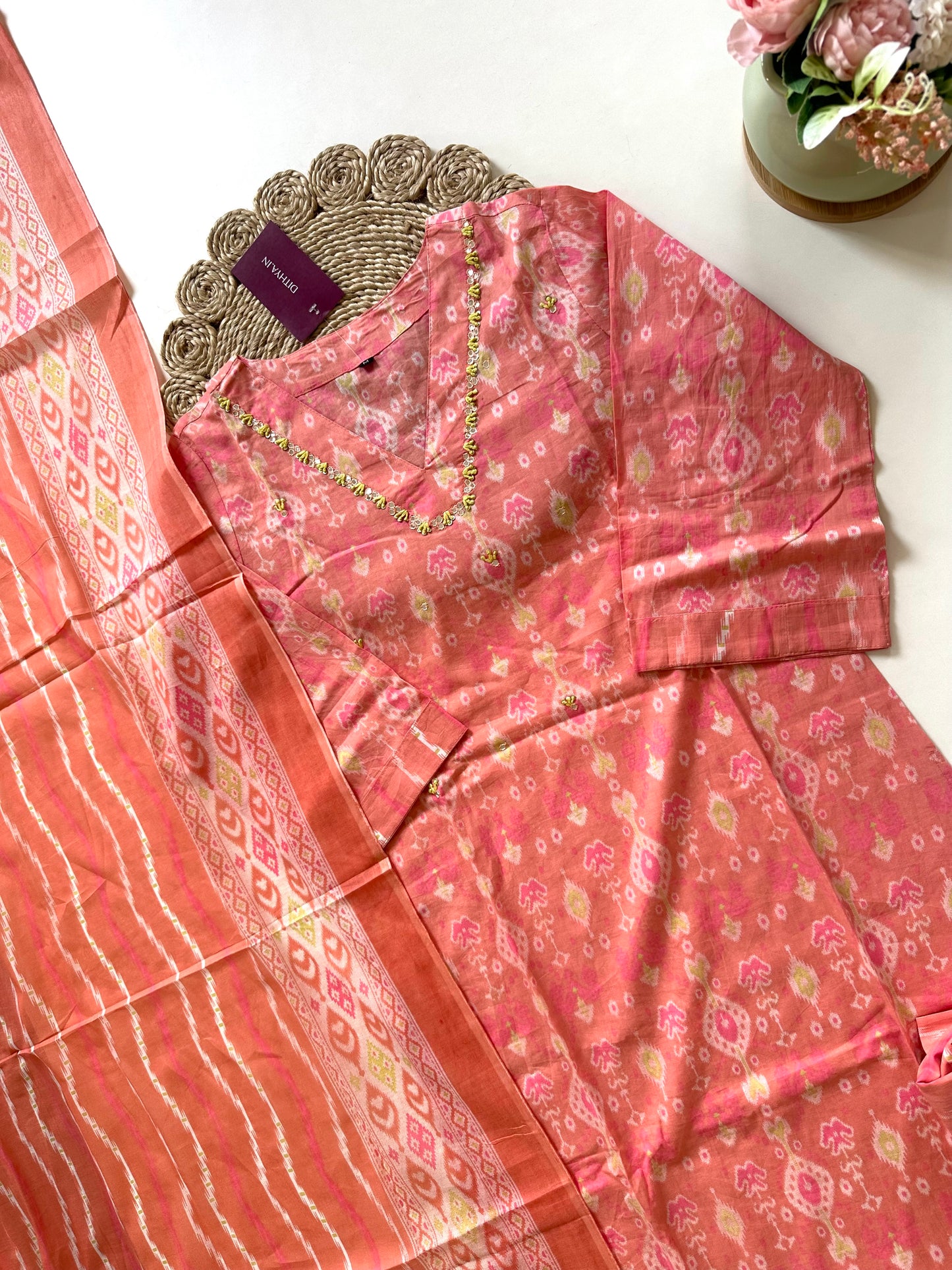 K027 - Ikkat printed cotton straight kurti with pants and dupatta .