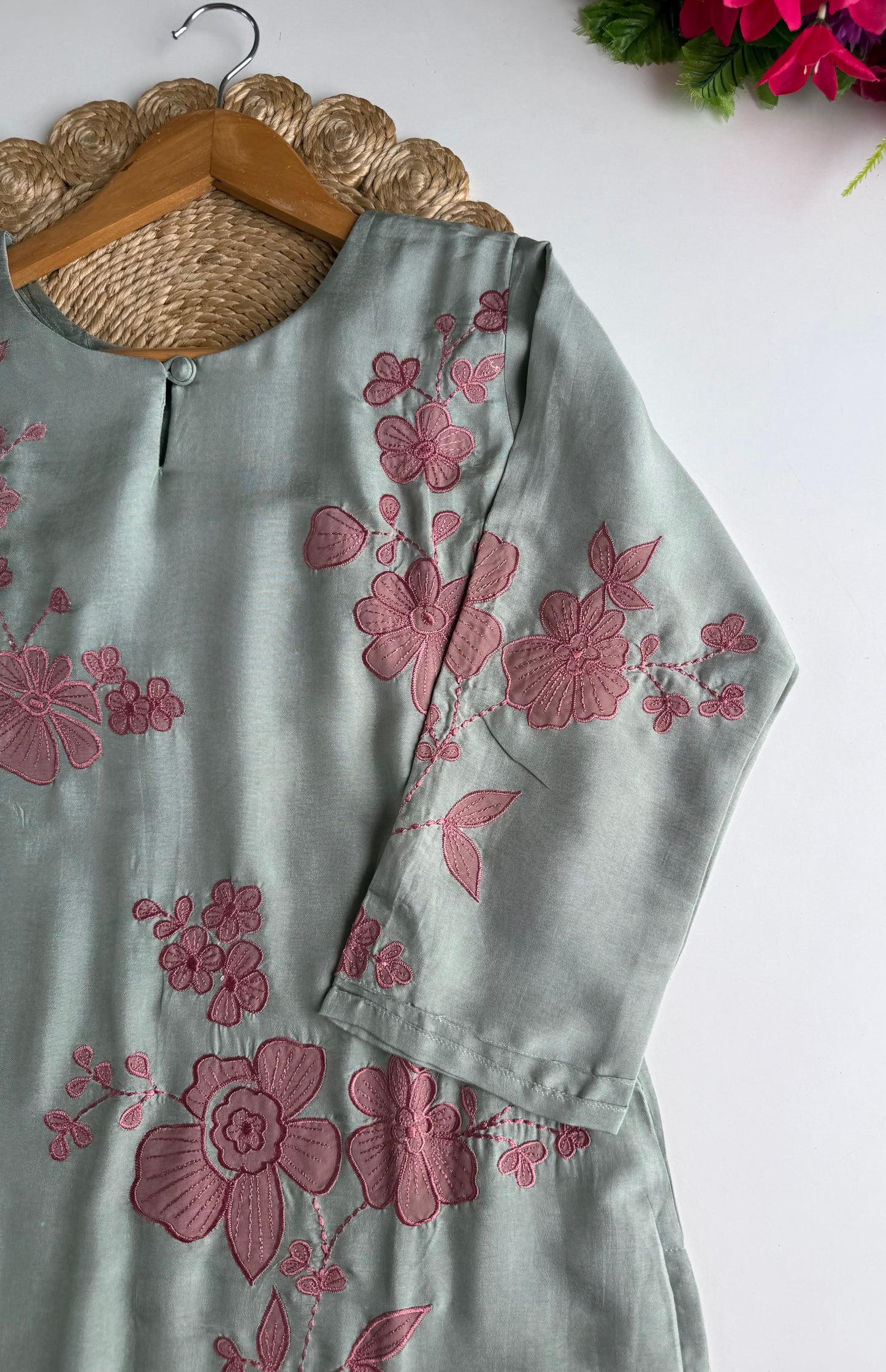 K014 - Russian silk appliqué embroidered straight Kurti with pants and dupatta
