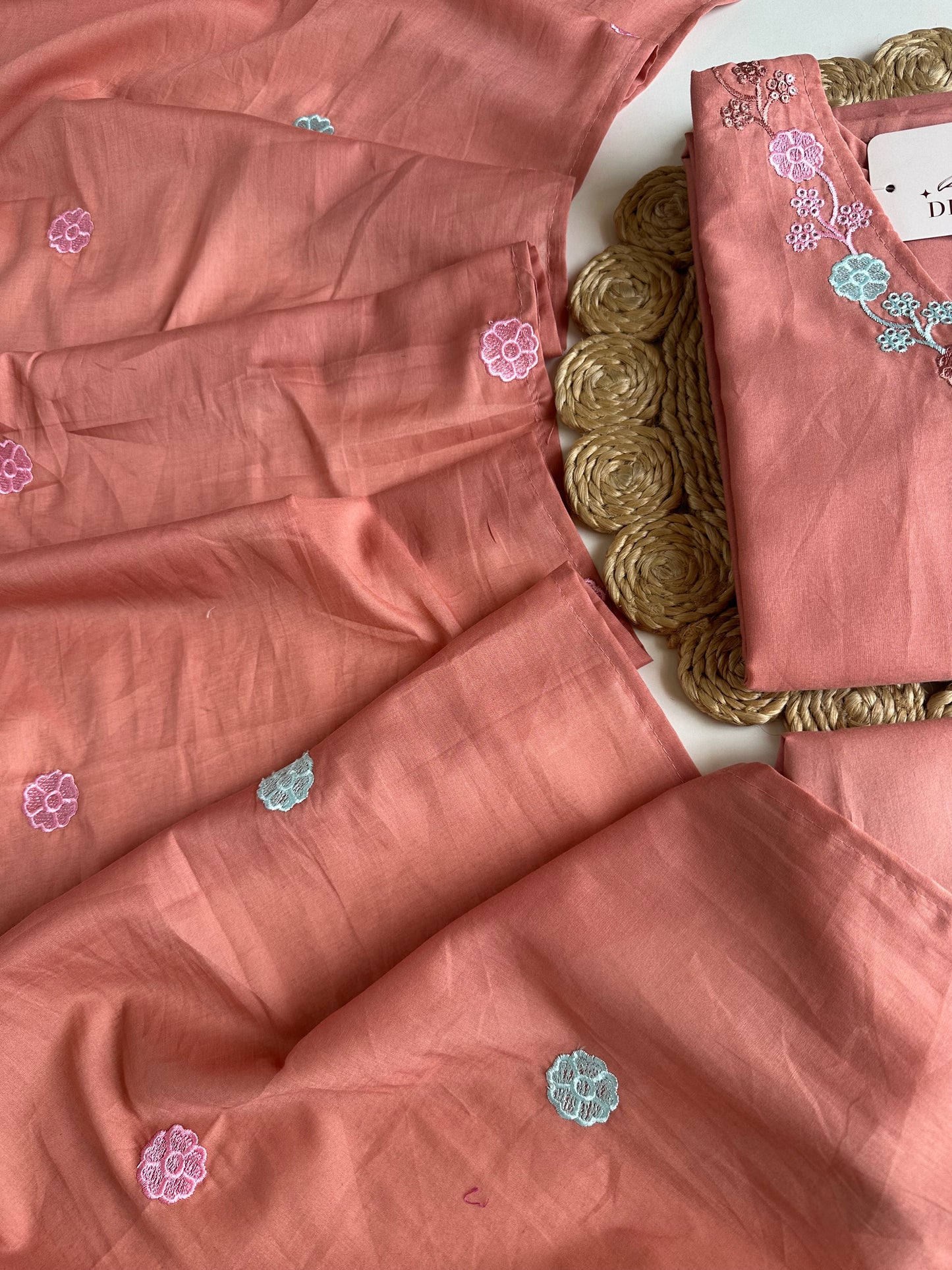 K131 - Mul cotton embroidered straight Kurti with pants and dupatta