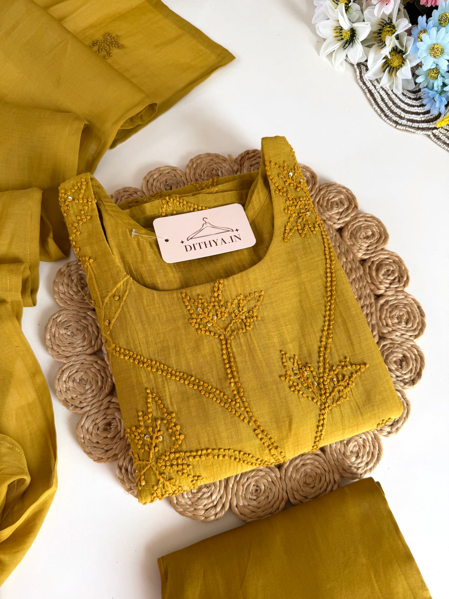 K261 - Mul chanderi knot work straight Kurti with pants and dupatta