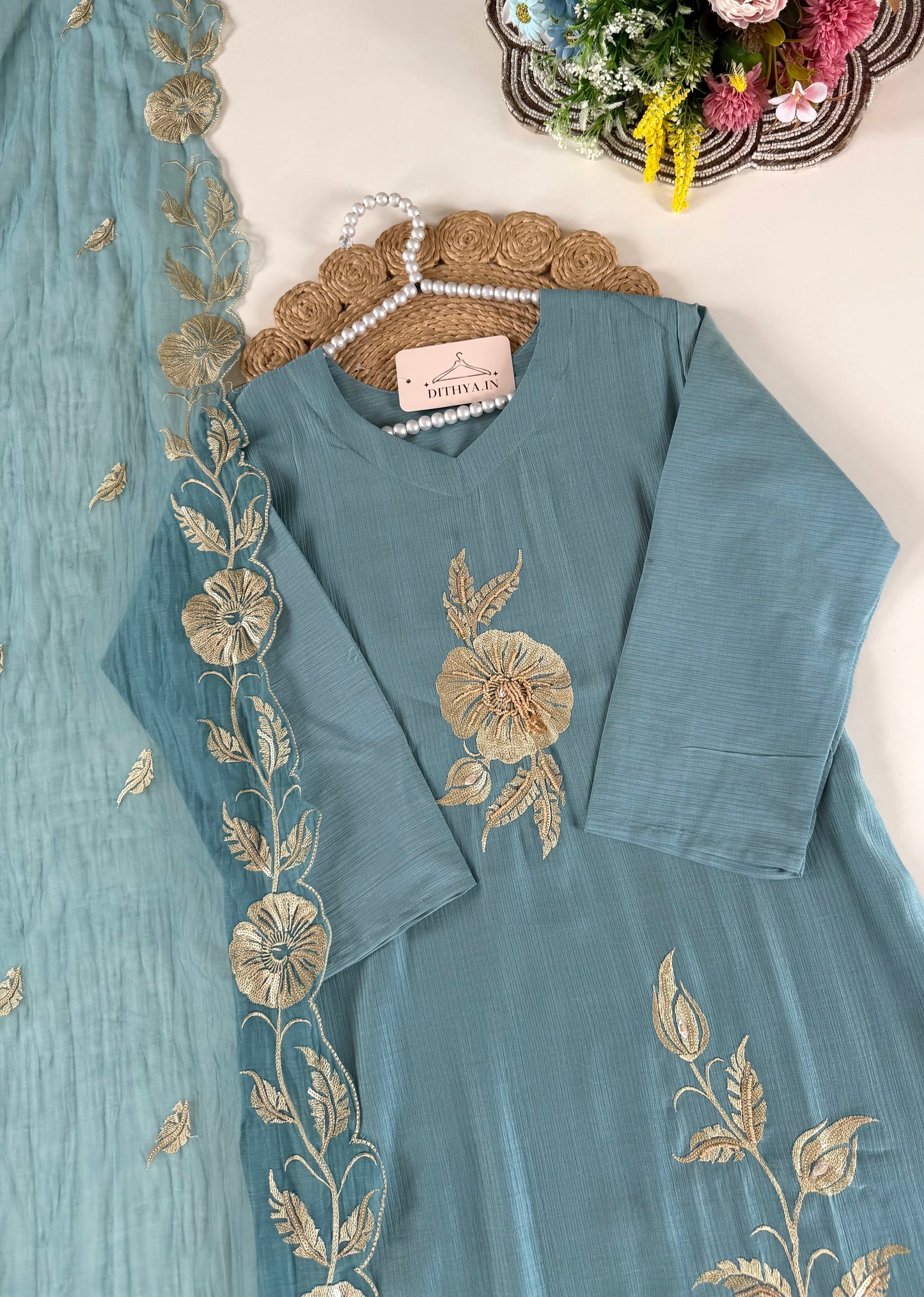 K542 - Muslin doriya embroidered straight Kurti with pants and dupatta
