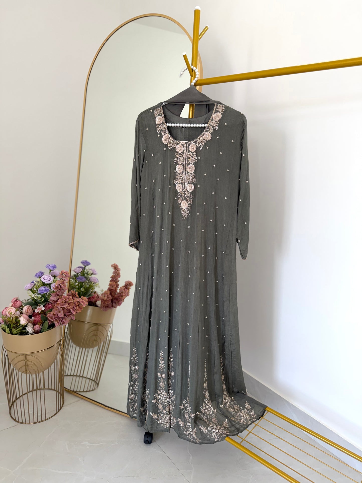 K282 - Chinnon heavy handwork Anarkali with pants and dupatta