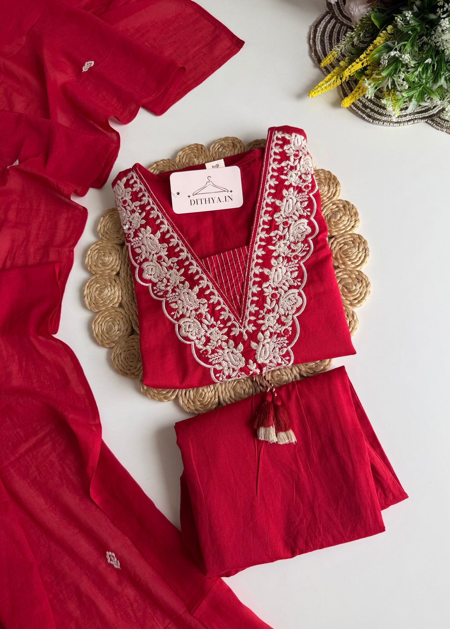 K671 - Mul cotton embroidered Aline Kurti with pants and dupatta