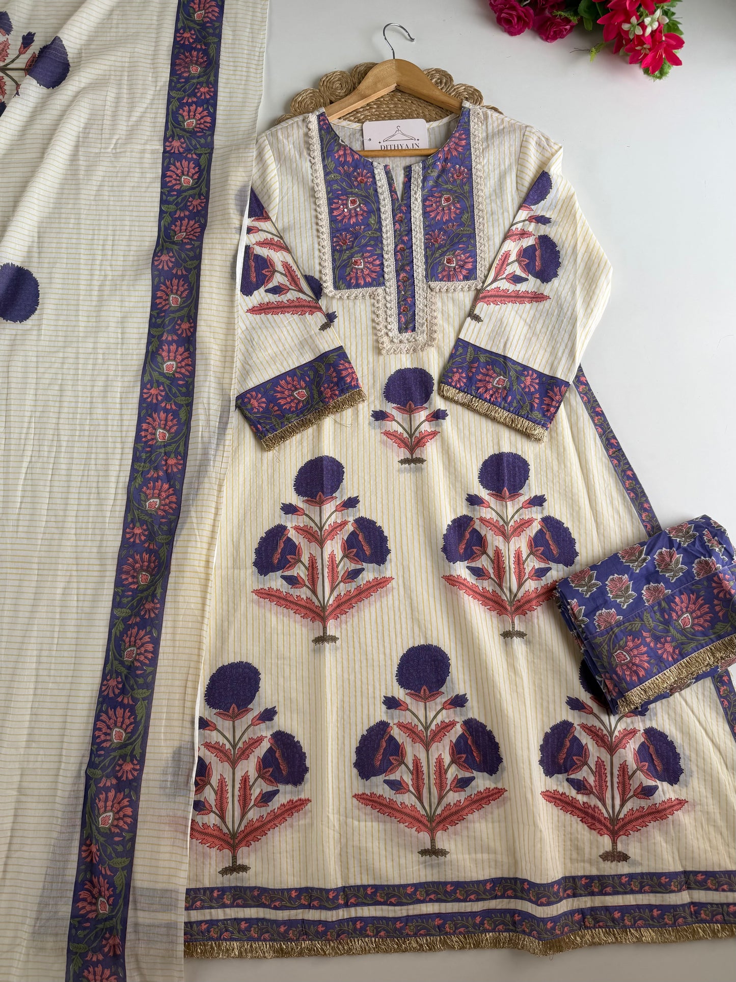 K344 - Mul cotton embroidered Aline Kurti with pants and dupatta