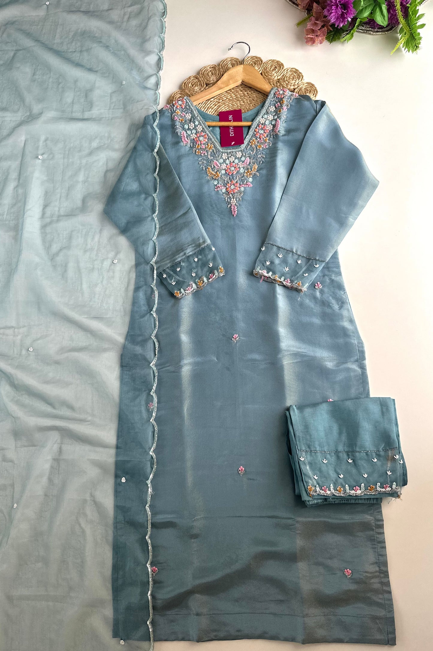 K138 - Tissue silk handwork straight Kurti with pants and dupatta