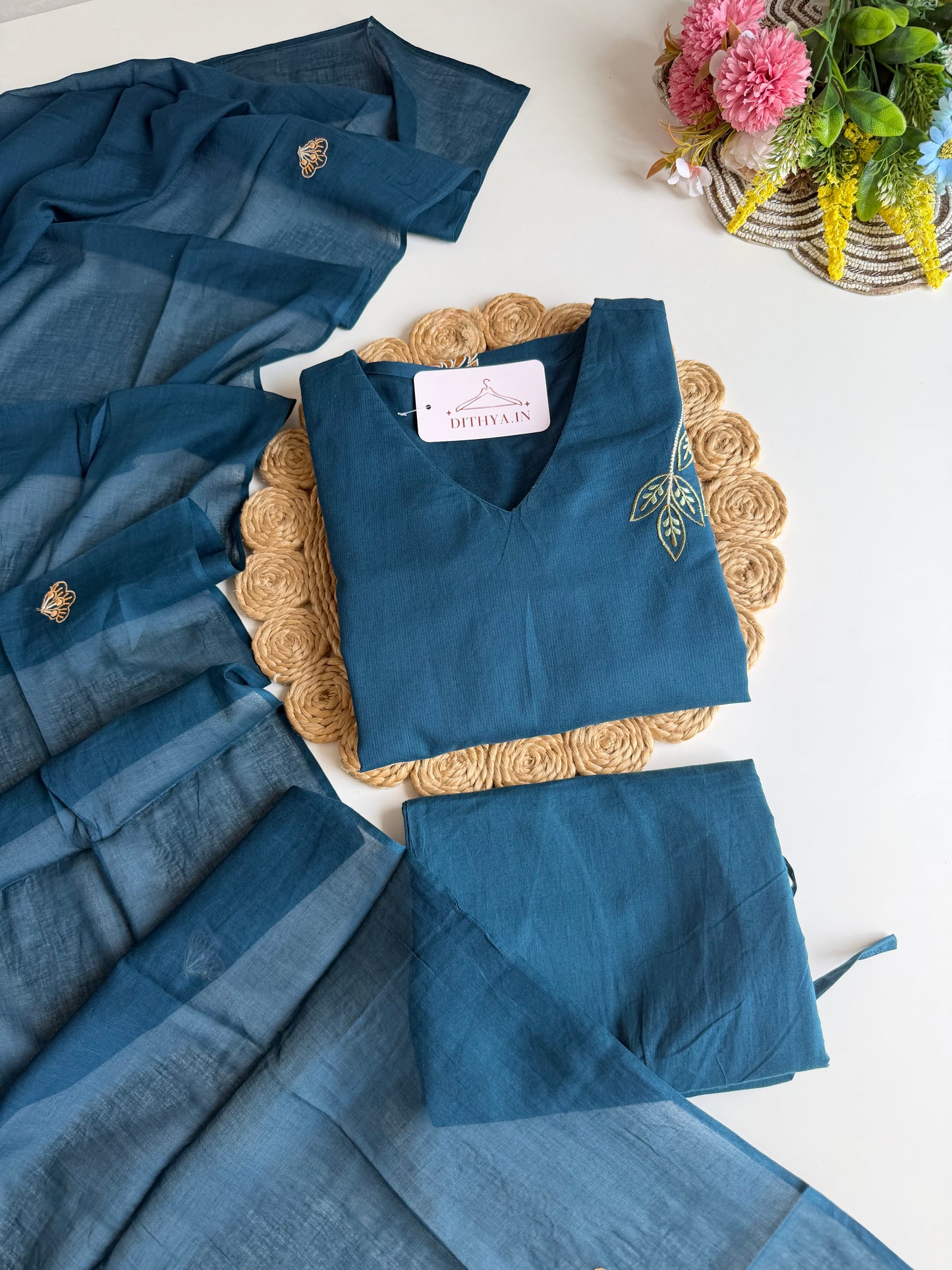 K695 - Mul cotton embroidered straight Kurti with pants and dupatta