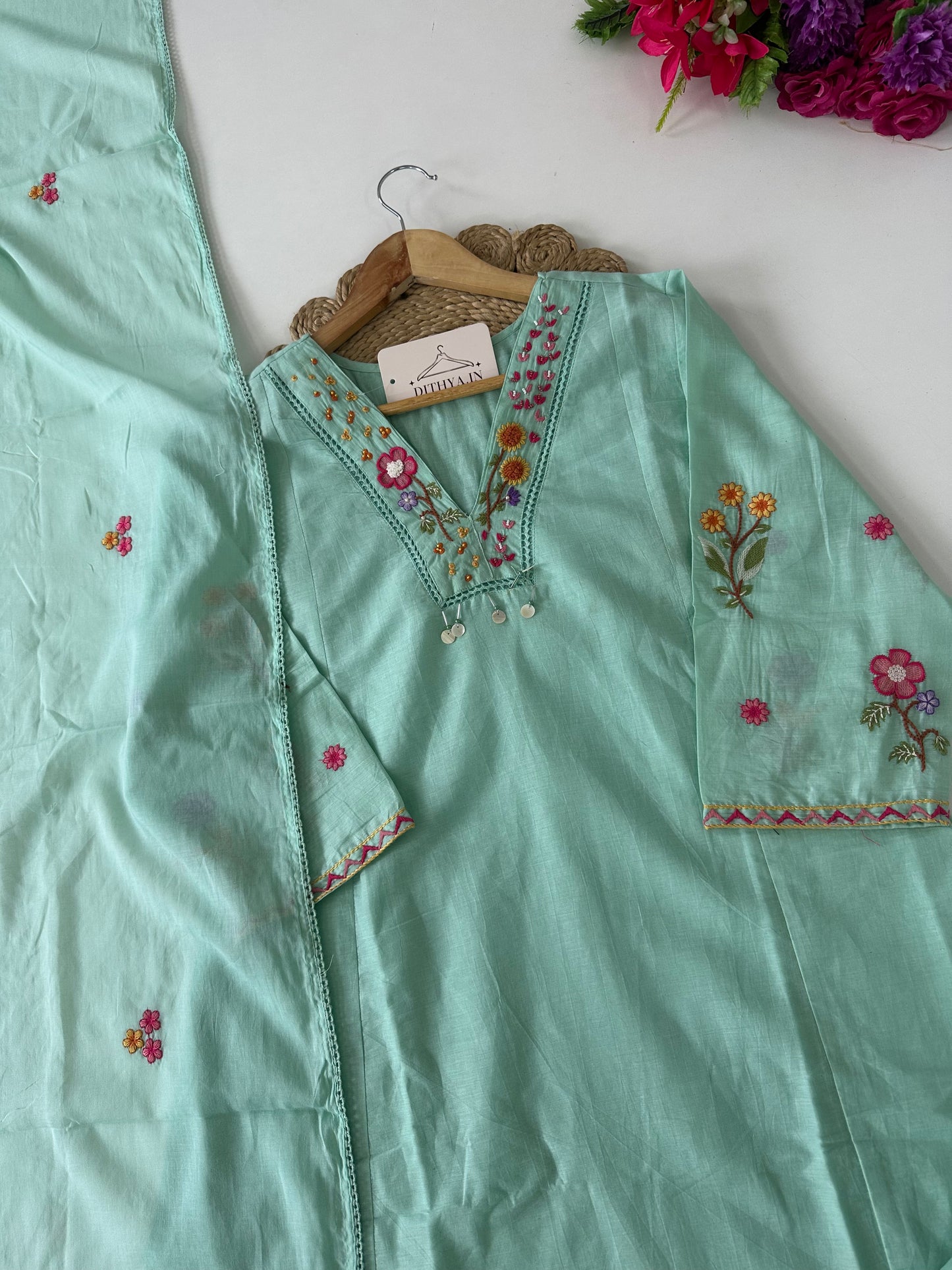 K580 - Mul cotton embroidered Aline Kurti with pants and dupatta