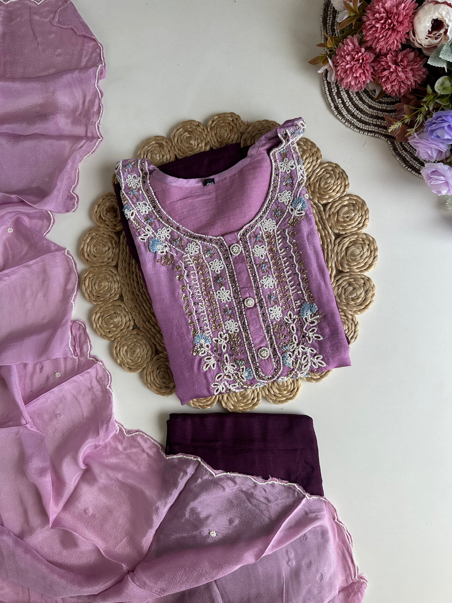 D066 -Russian silk straight kurti with pants and dupatta