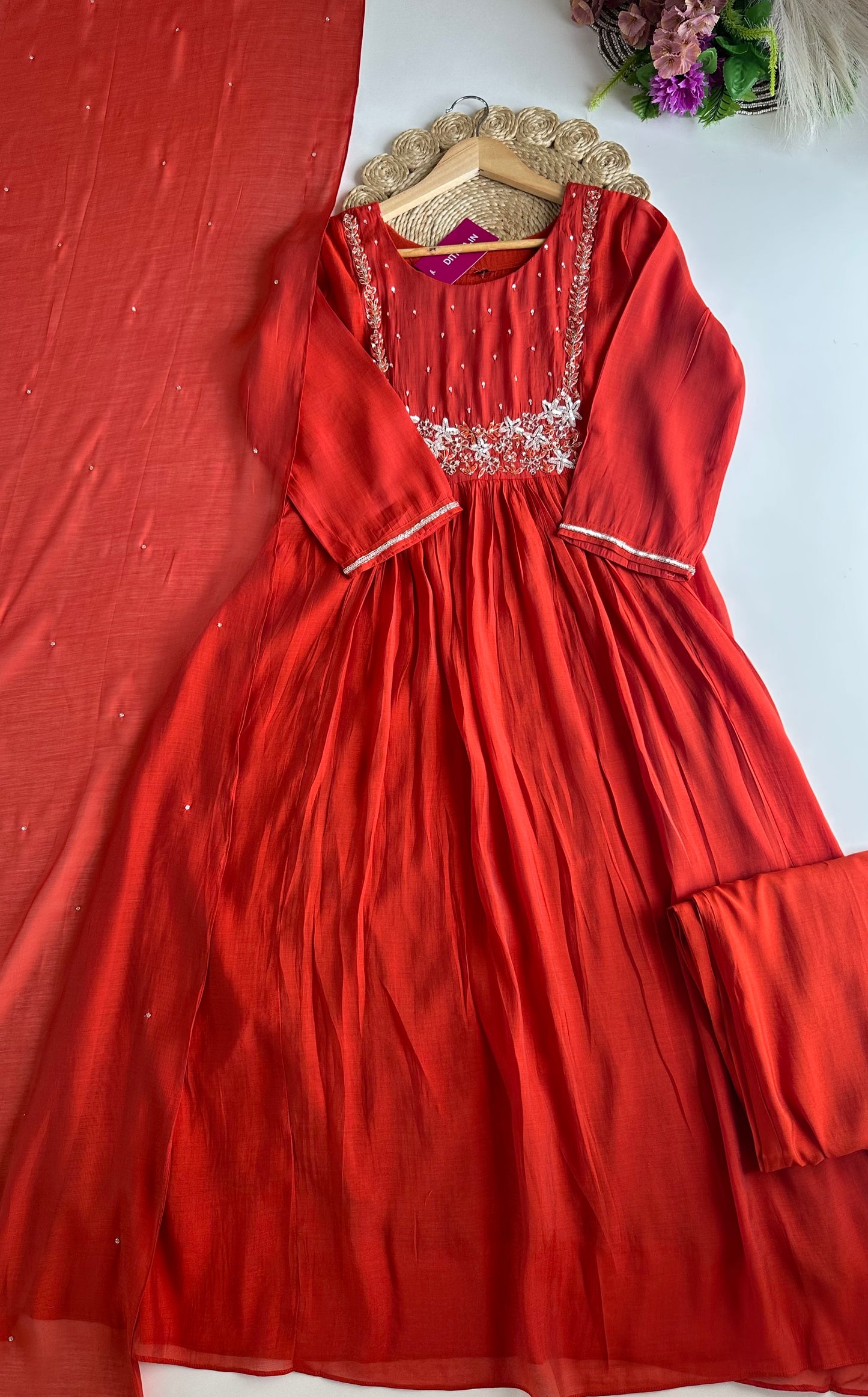 K007 - Mul Chanderi handwork Aline Kurti with pants and dupatta in 2 colours