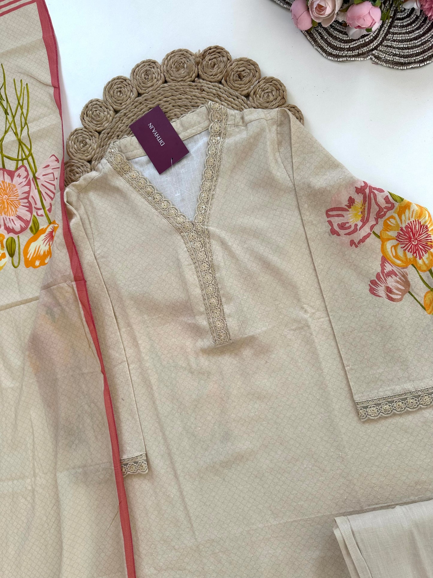 K374 - Muslin cotton straight Kurti with pants and dupatta