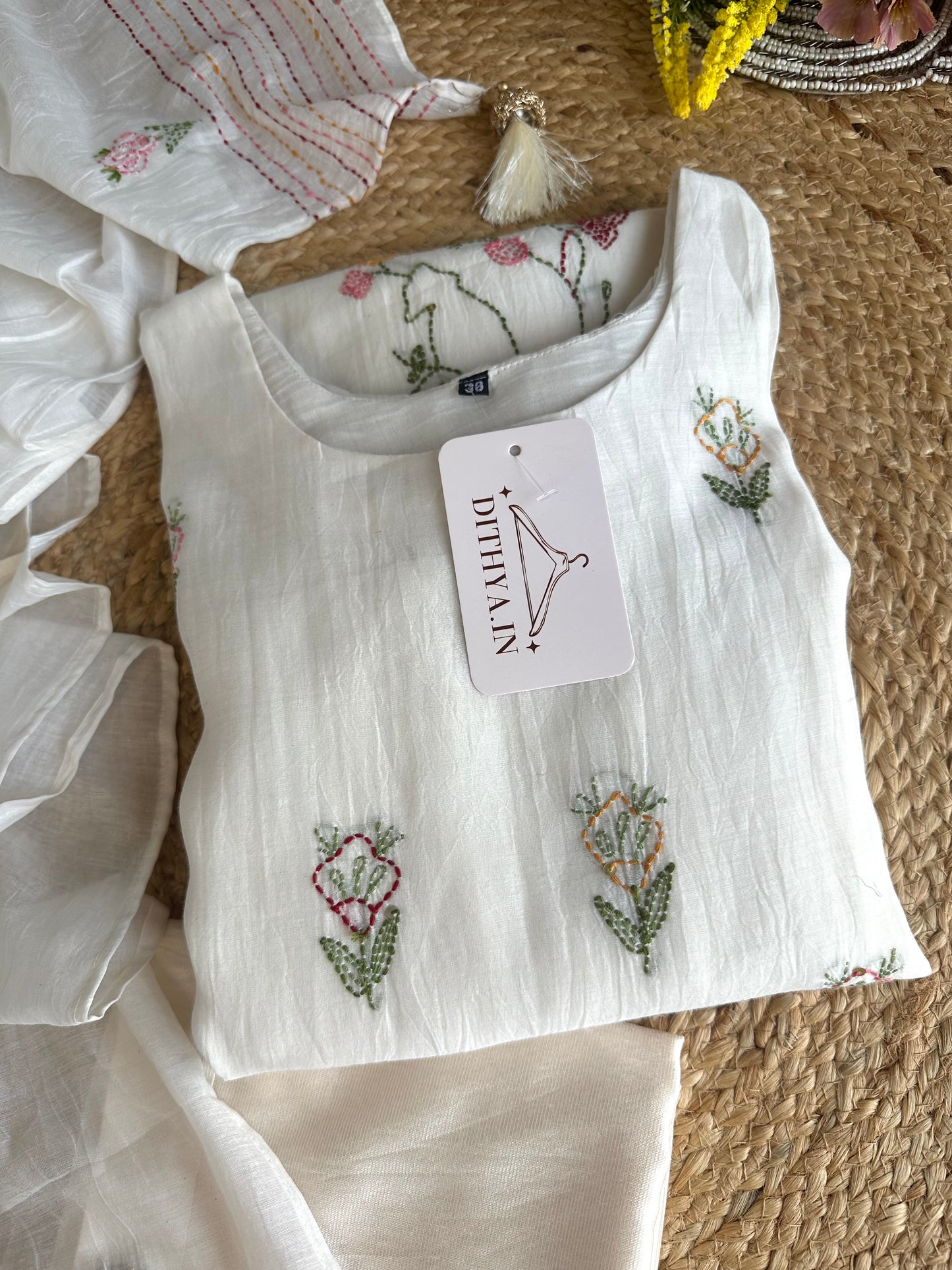K463 - Mul Chanderi embroidered Aline Kurti with pants and dupatta