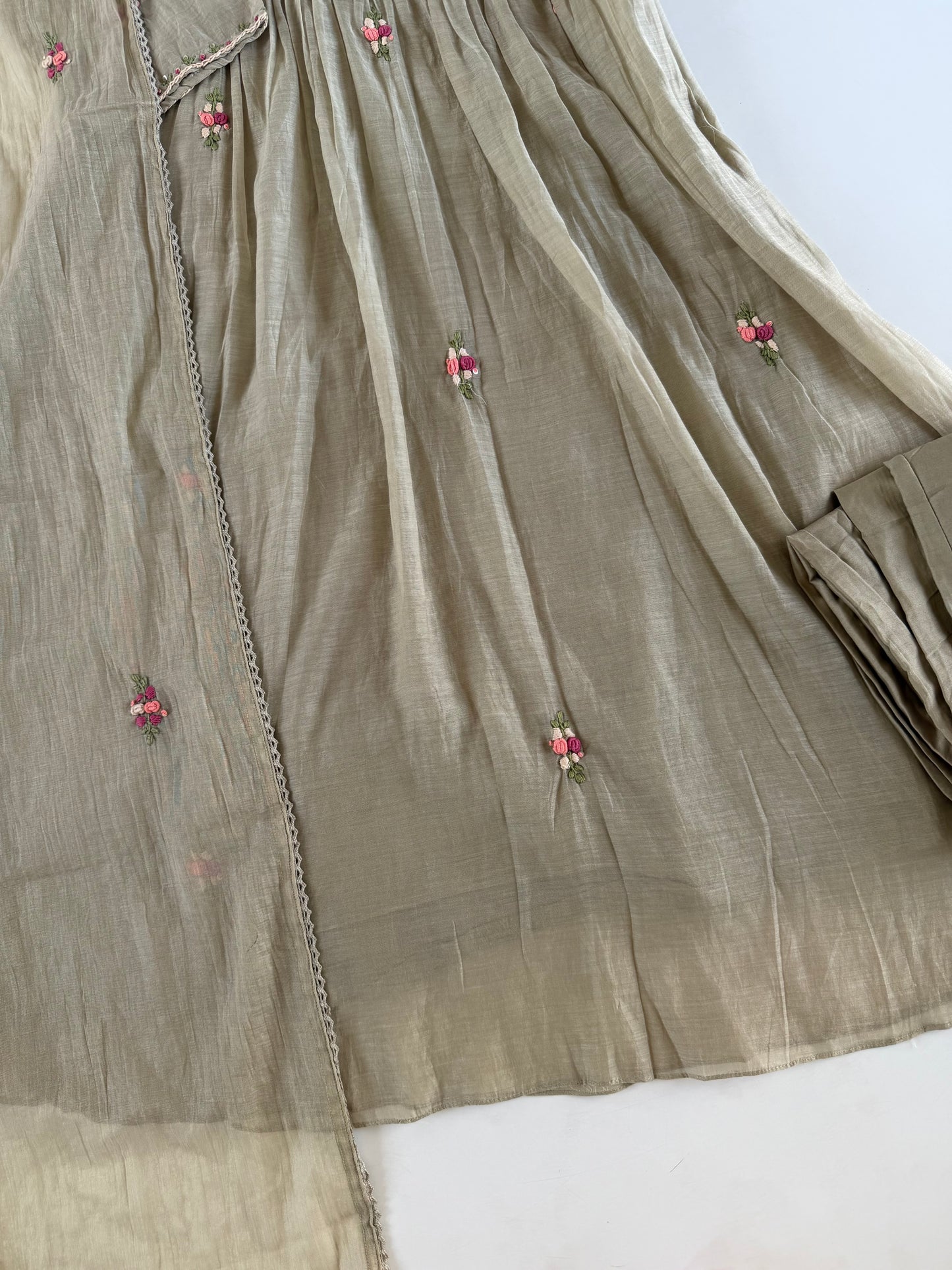 K154 - Mul chanderi embroidered Anarkali with pants and dupatta