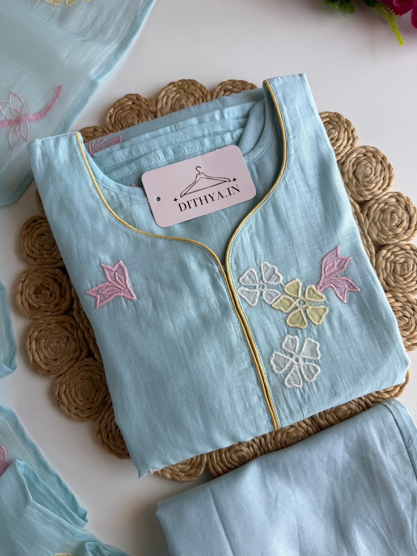 K687 - Mul chanderi appliqué work straight Kurti with pants and dupatta