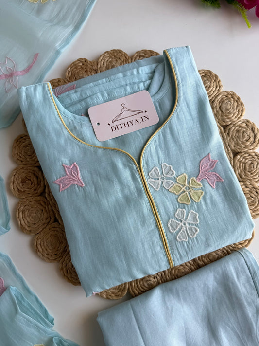 K687 - Mul chanderi appliqué work straight Kurti with pants and dupatta