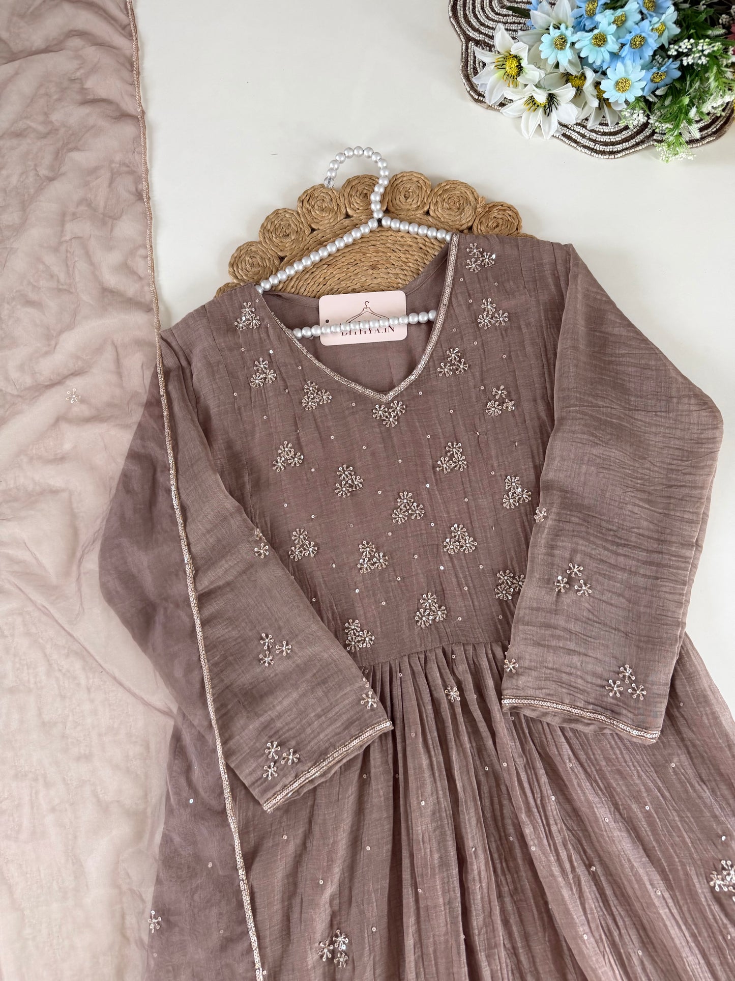 K229 - Mul chanderi handwork Anarkali with pants and dupatta