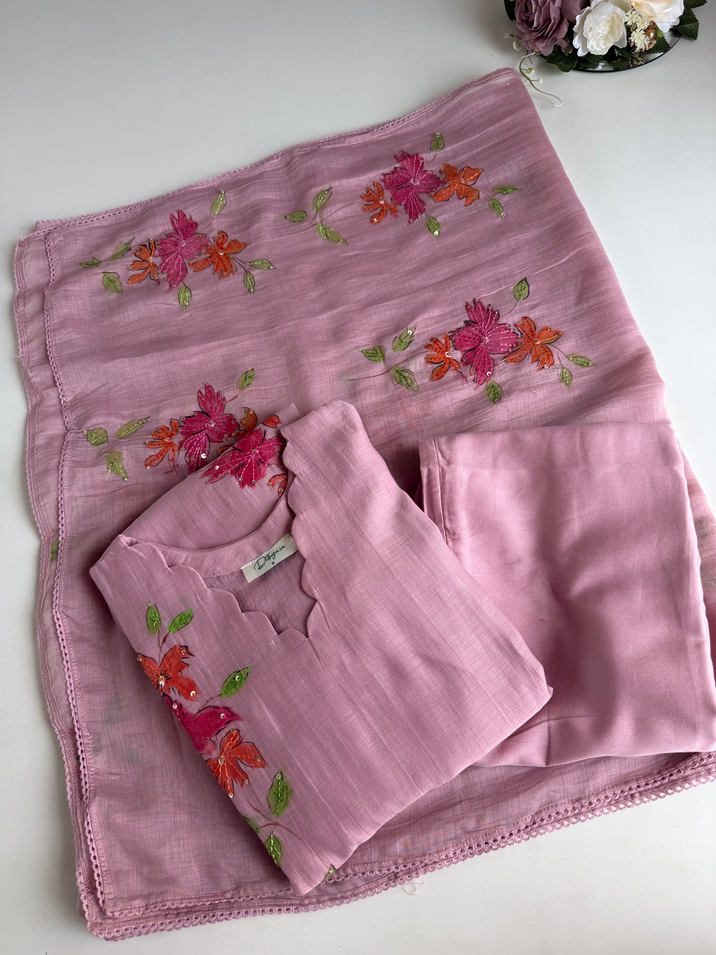 K355 - Mul Chanderi hand painted embroidered Aline Kurti with pants and dupatta in 3 colours