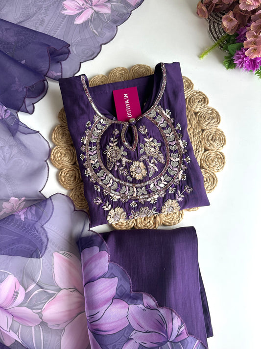 K091 - Roman silk Handwork straight Kurti with pants and dupatta