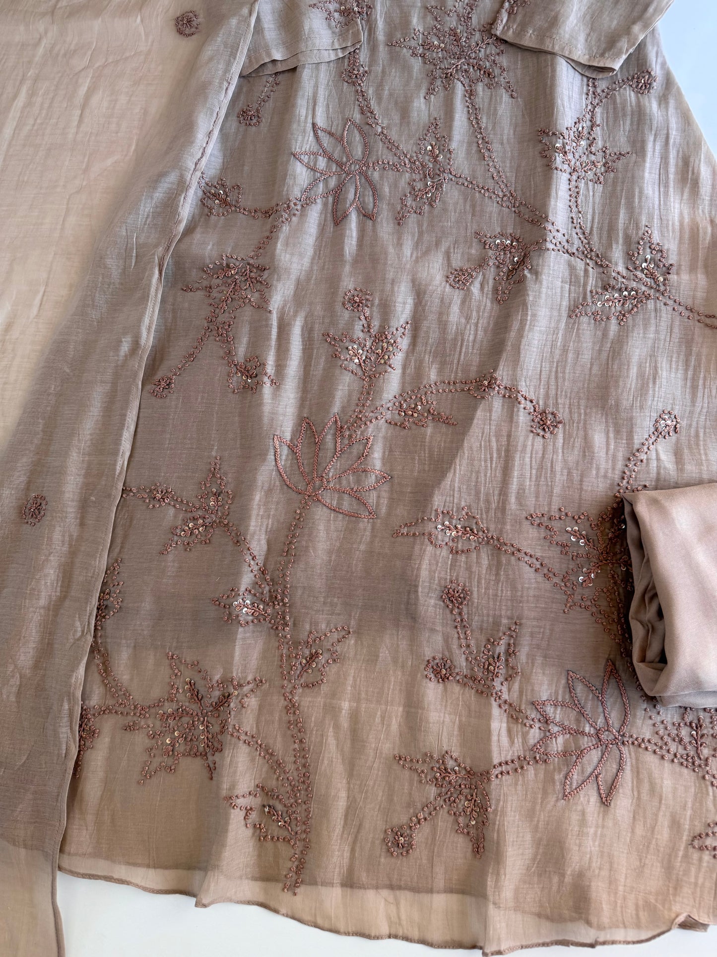 K056 - Mul chanderi French knot embroidered Aline Kurti with pants and dupatta in 2 colours