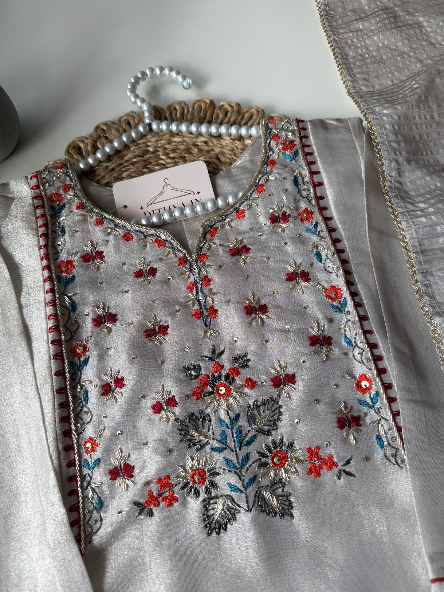 K588 - Kanjivaram Tissue silk Aline Kurti with pants and dupatta