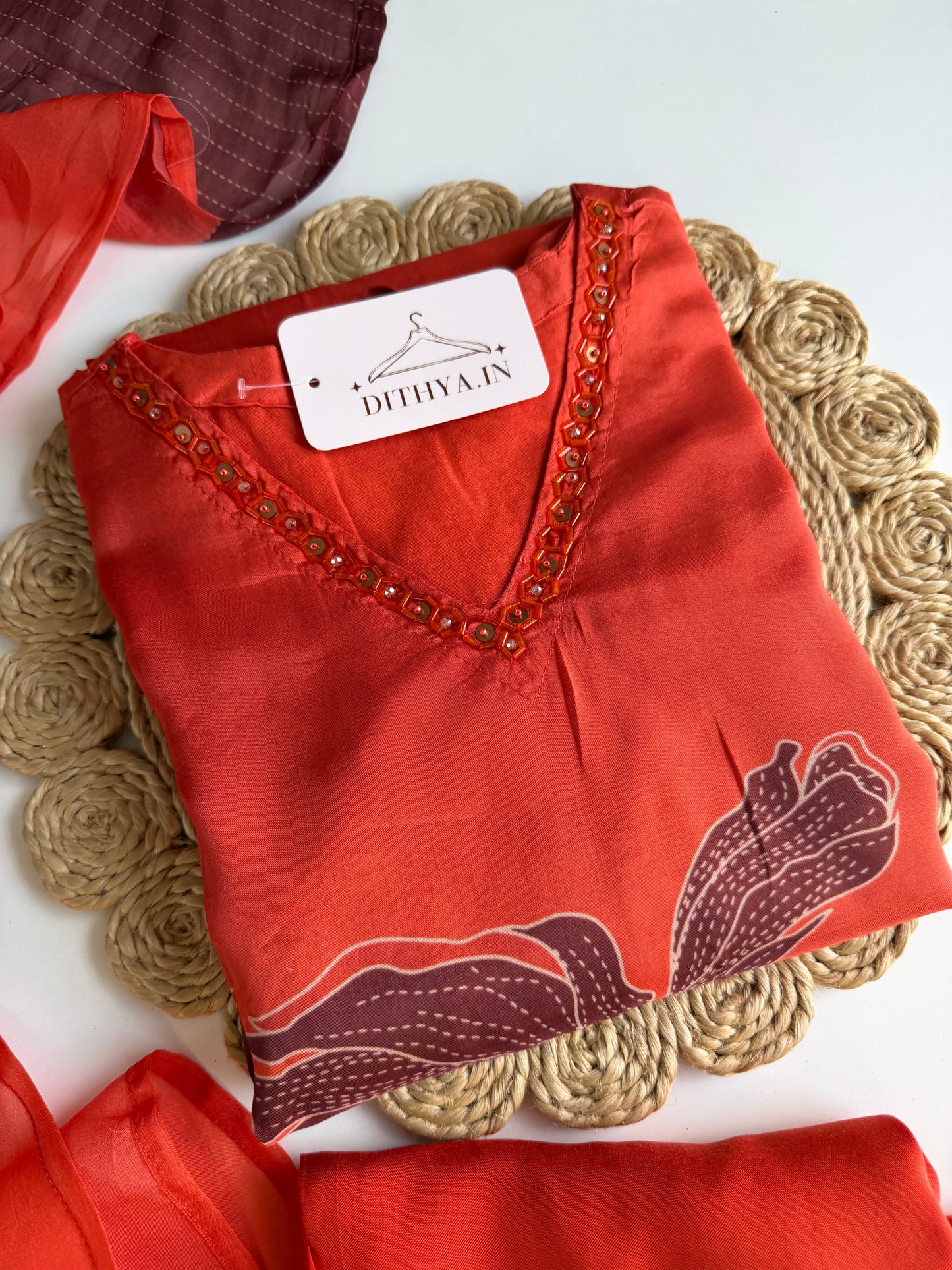 K336 - Muslin silk handwork Aline Kurti with pants and dupatta