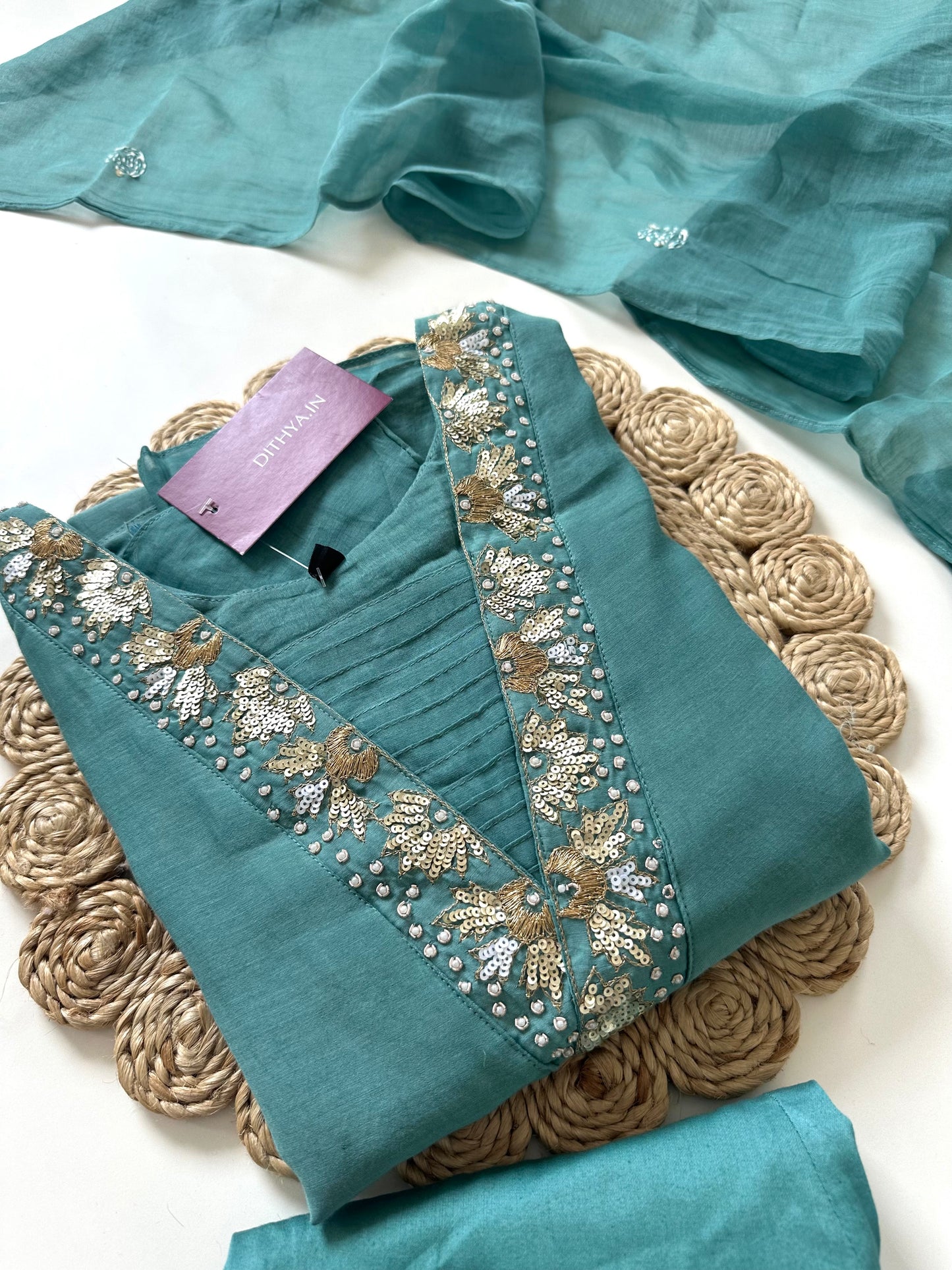 K003 - Mul Chanderi Handwork Aline kurti with pants and dupatta in 4 colours