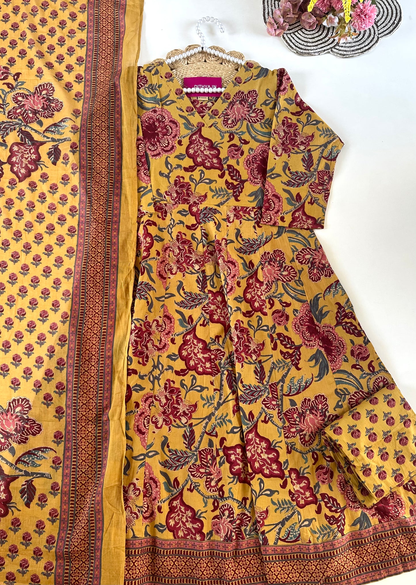 K674 - Mul cotton floral printed Anarkali with pants and dupatta