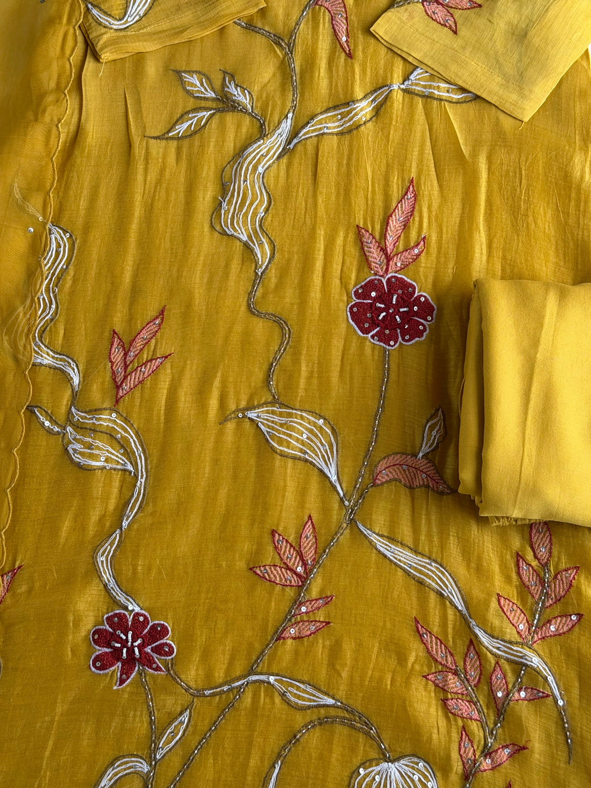 K453 - Mul chanderi appliqué embroidered Aline Kurti with pants and dupatta
