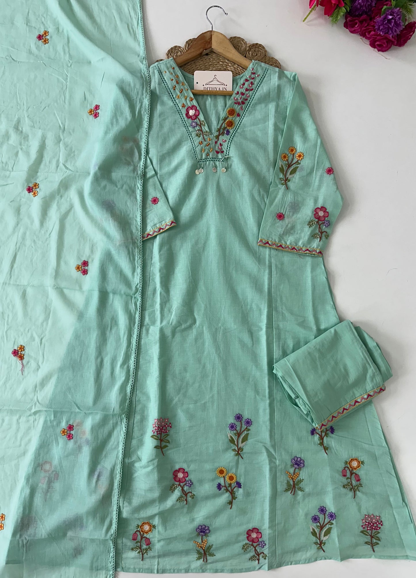 K580 - Mul cotton embroidered Aline Kurti with pants and dupatta