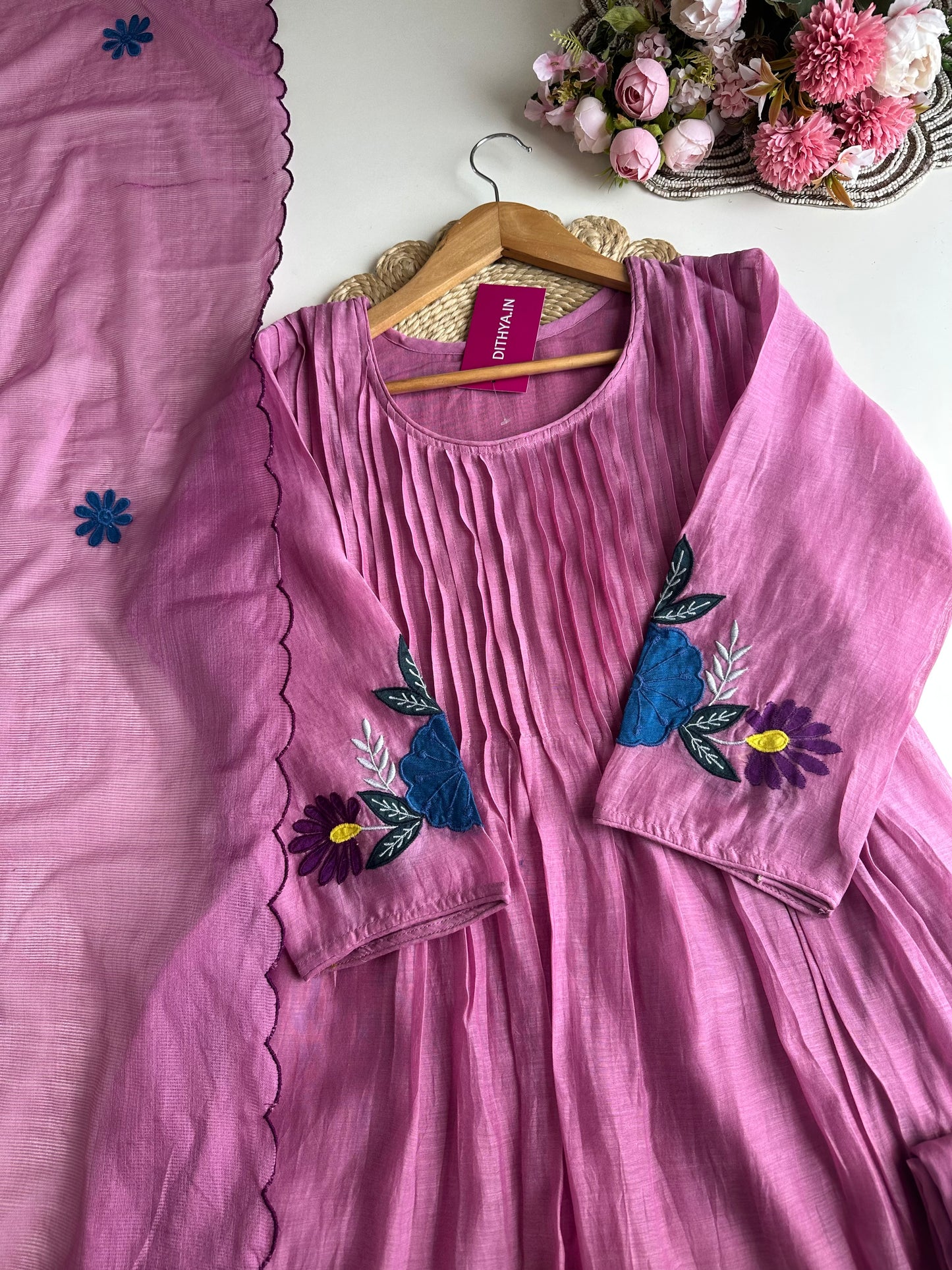 K126 - Mul Chanderi embroidered Aline Kurti with pants and dupatta