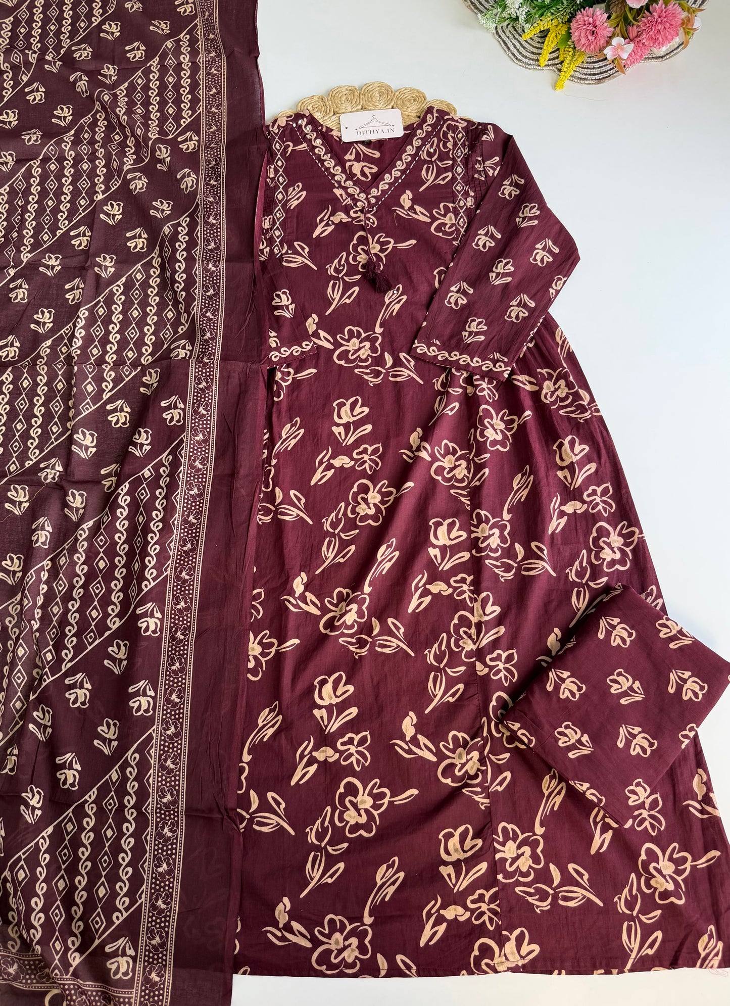 K647 - Mul cotton embroidered Aline Kurti with pants and dupatta