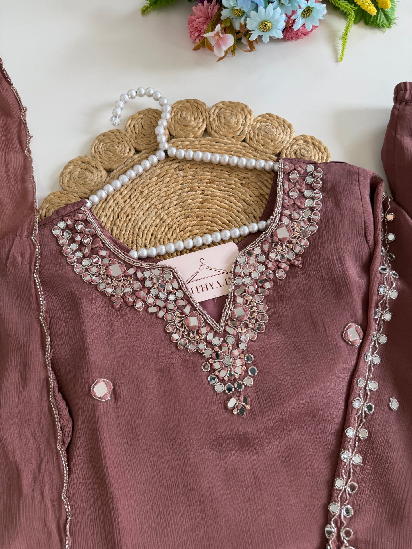 K204 - Pure Chinnon mirror work short Kurti with divider pants and dupatta