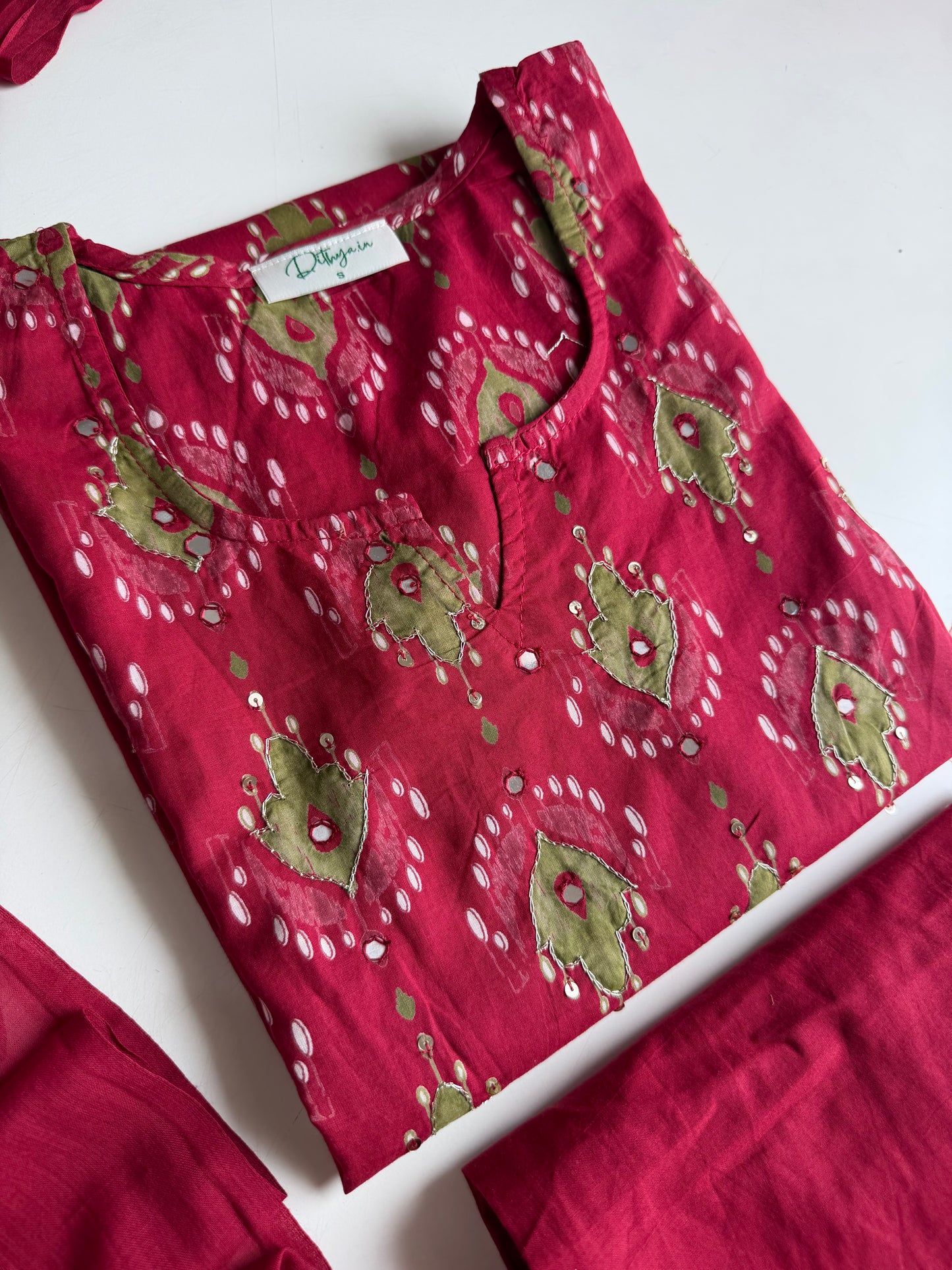 K220 - Mul cotton ajrakh mirror work straight Kurti with pants and dupatta
