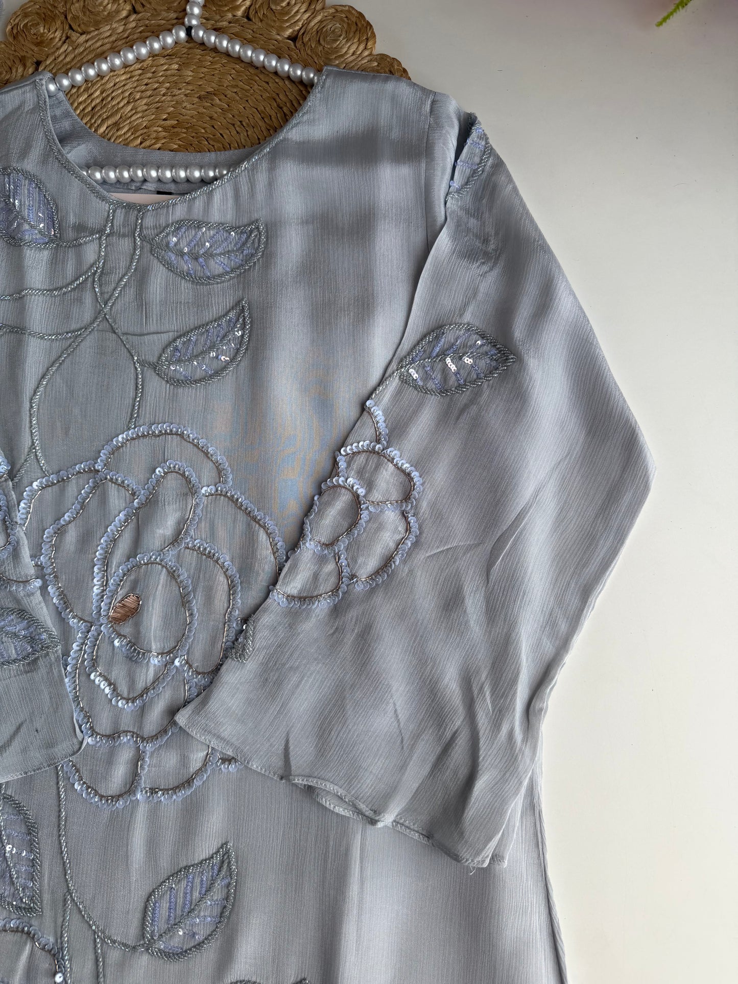 K244 - Pure Chinnon handwork aline Kurti with pants and dupatta
