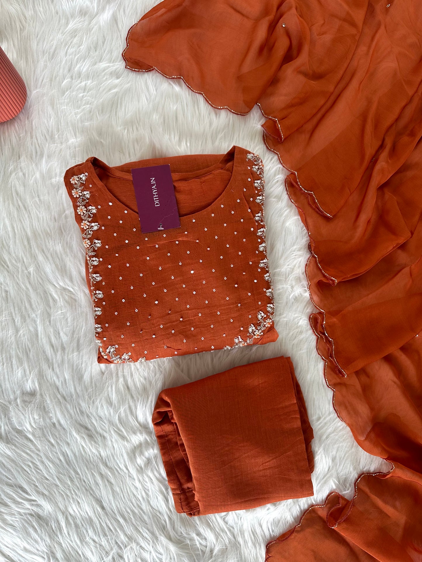 K087 - Mul Chanderi handwork Aline Kurti with pants and dupatta in 3 colours