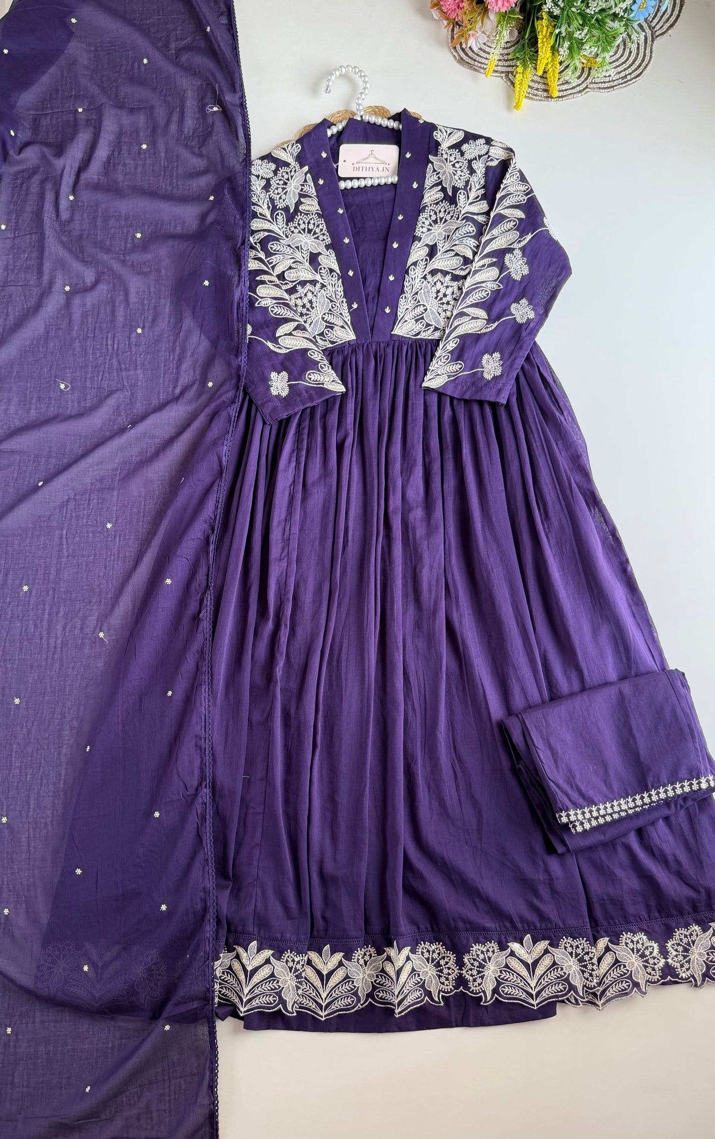 K650 - Mul cotton embroidered Anarkali with pants and dupatta