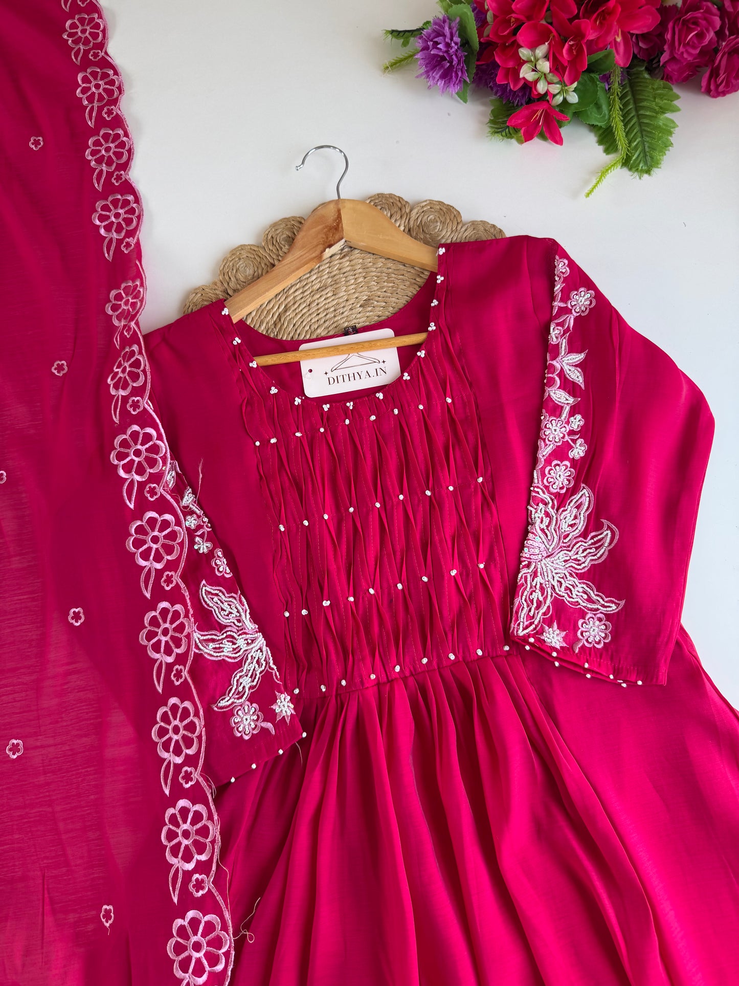 K040 - Surat Mul chanderi embroidered Anarkali with pants and dupatta in 2 colours