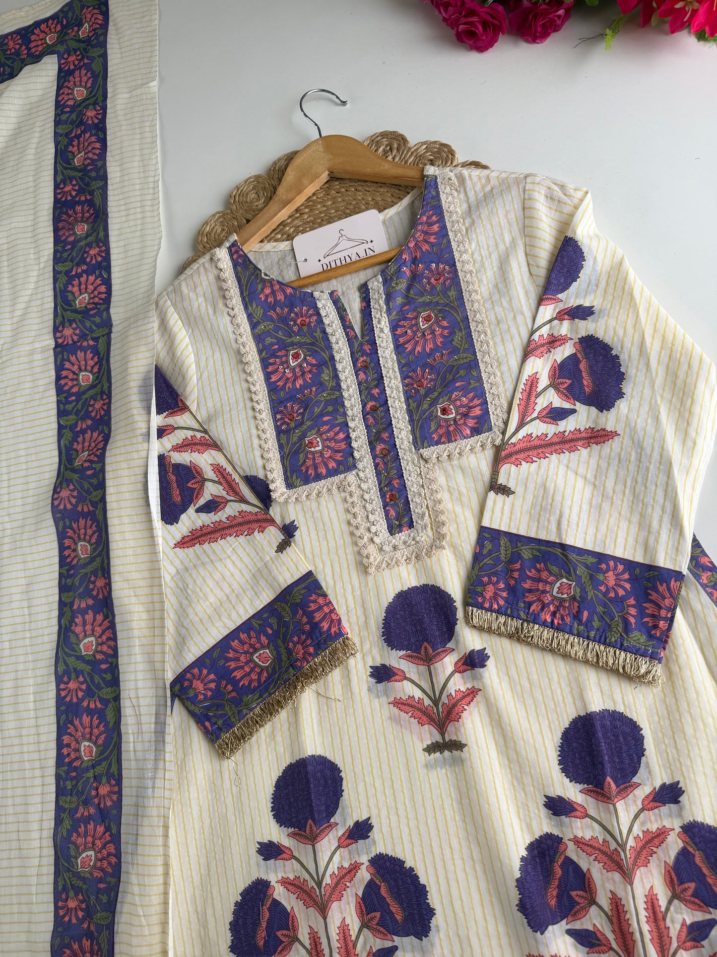 K344 - Mul cotton embroidered Aline Kurti with pants and dupatta