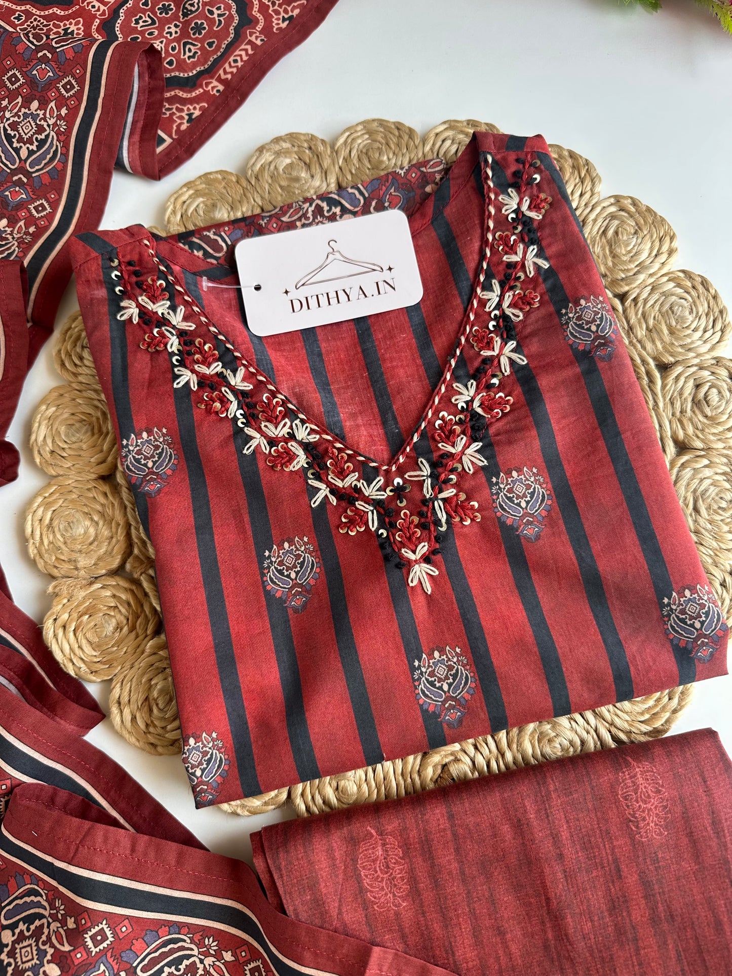 K189 - Mul cotton embroidered straight Kurti with pants and dupatta