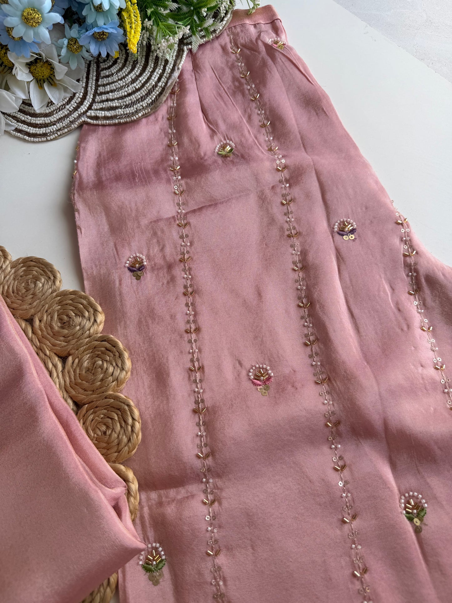 K627 - Tissue silk handwork straight Kurti with pants and dupatta