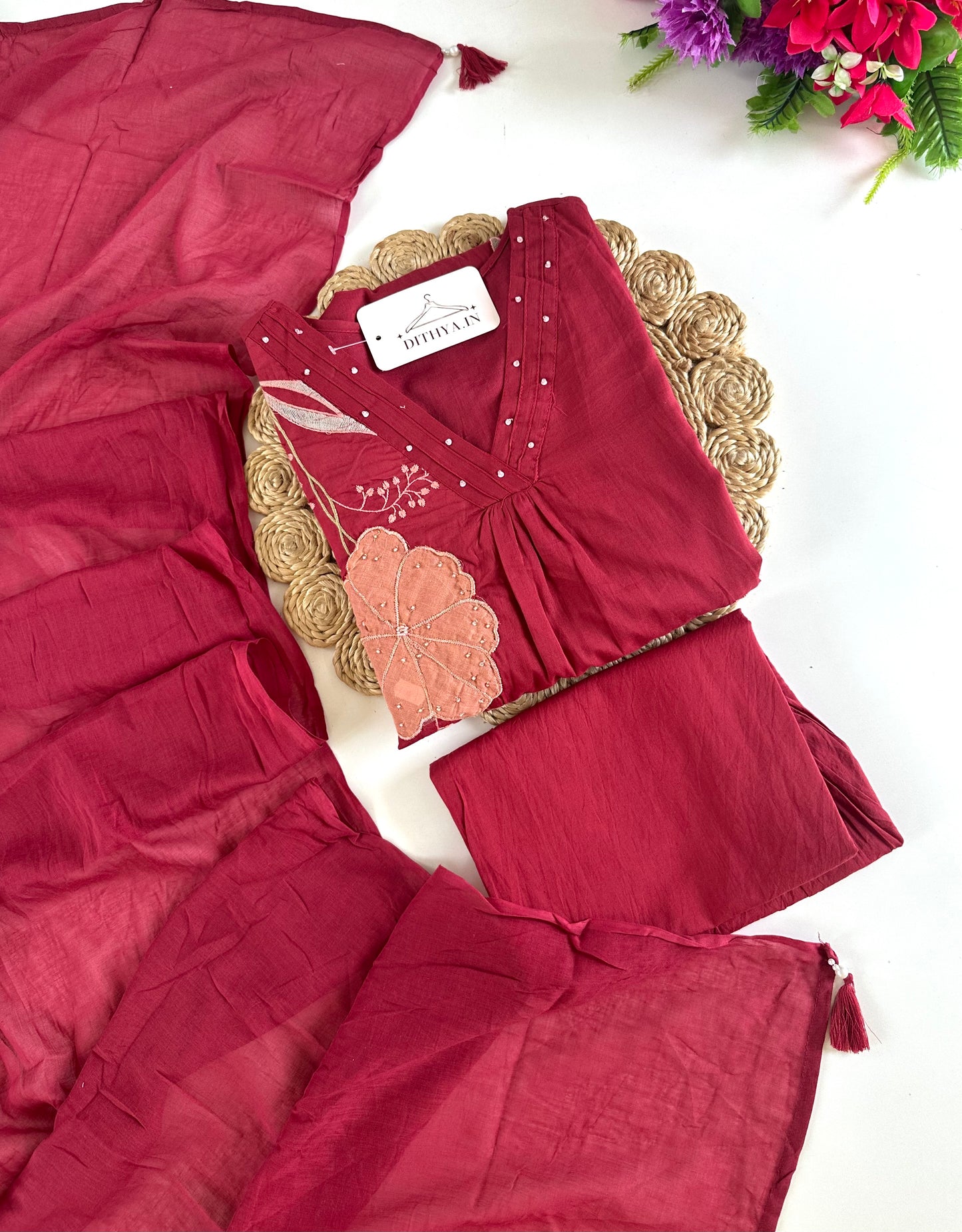 K243 - Mul cotton appliqué Aline Kurti with pants and dupatta