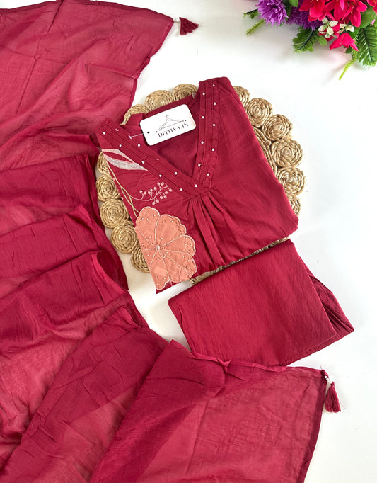 K243 - Mul cotton appliqué Aline Kurti with pants and dupatta