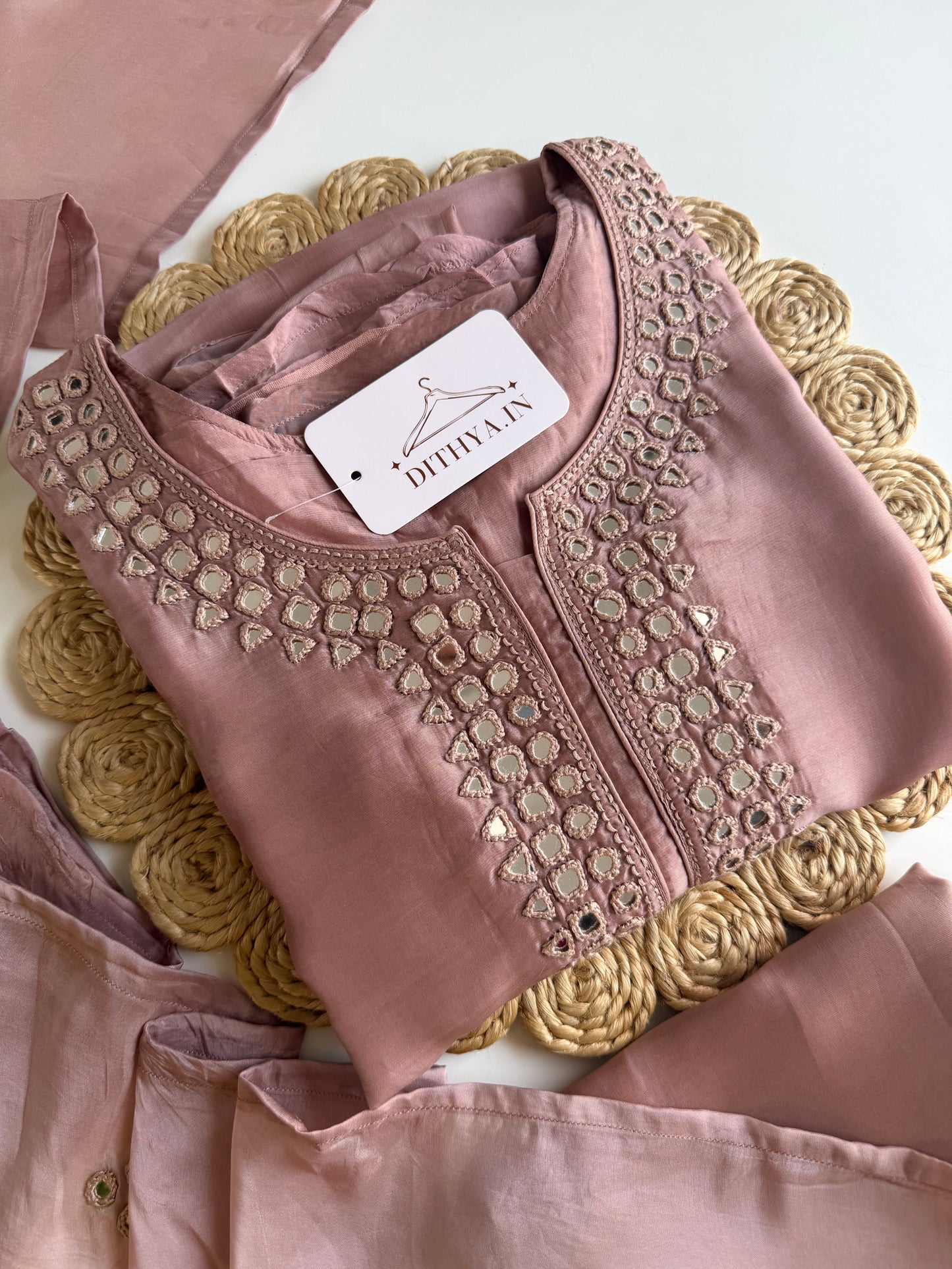 K424 - Pure HO silk mirror work aline Kurti with pants and dupatta